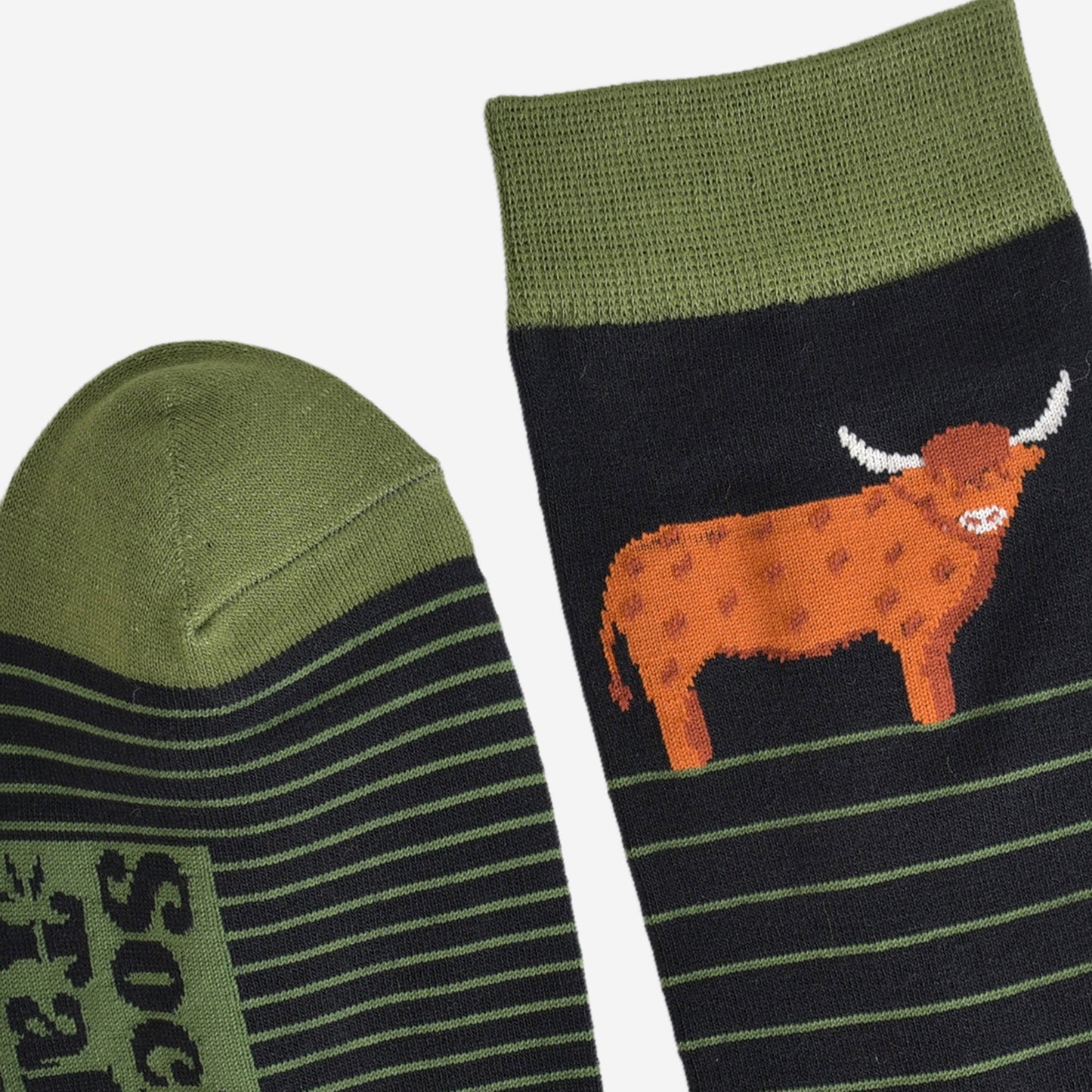 Men's Bamboo Socks - Black/Green, Highland Cow Stripe