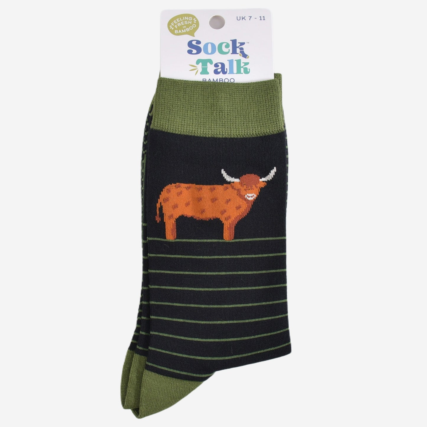 Men's Bamboo Socks - Black/Green, Highland Cow Stripe