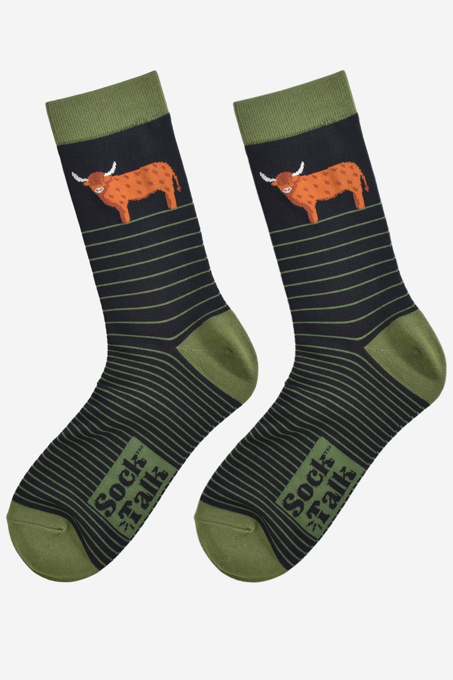 Men's Bamboo Socks - Black/Green, Highland Cow Stripe