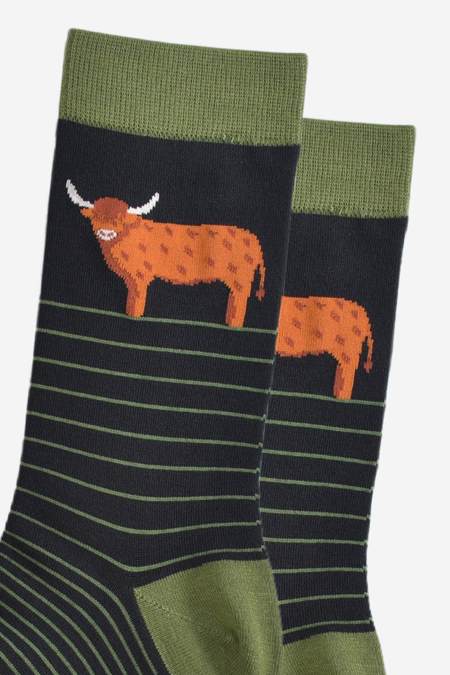 Men's Bamboo Socks - Black/Green, Highland Cow Stripe
