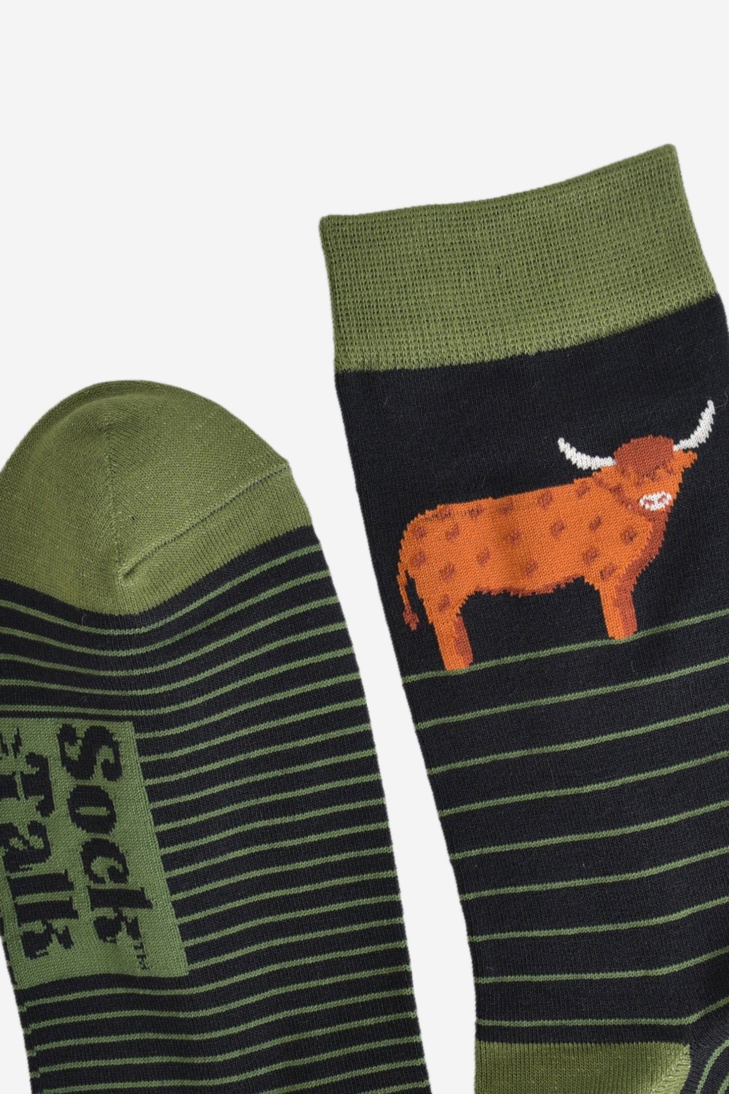 Men's Bamboo Socks - Black/Green, Highland Cow Stripe