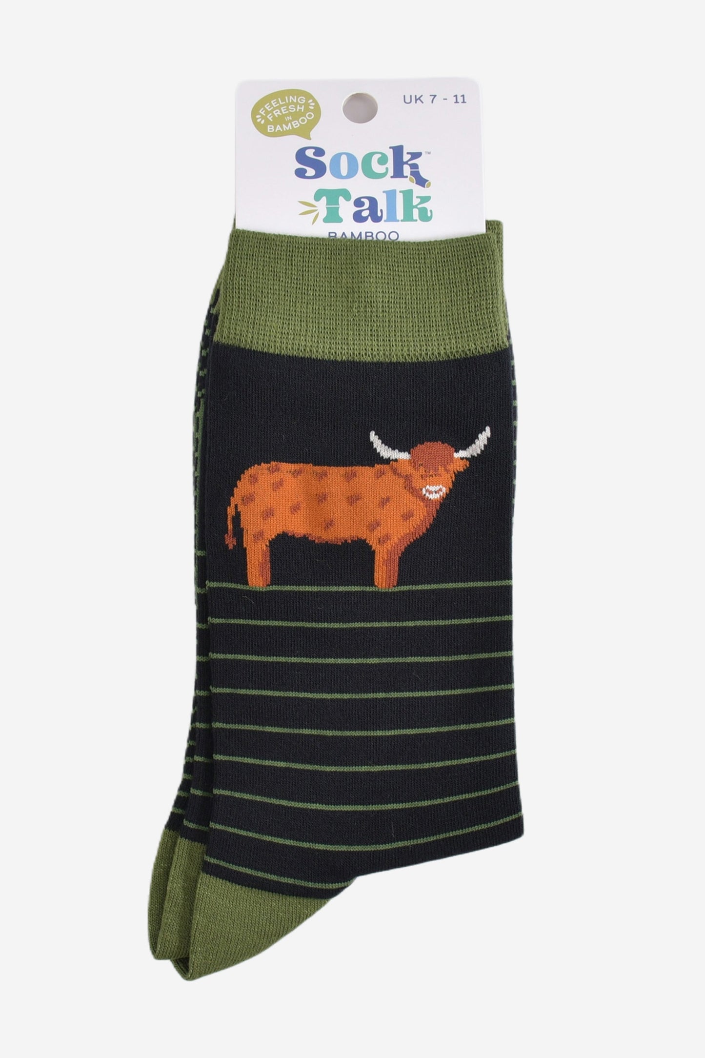 Men's Bamboo Socks - Black/Green, Highland Cow Stripe