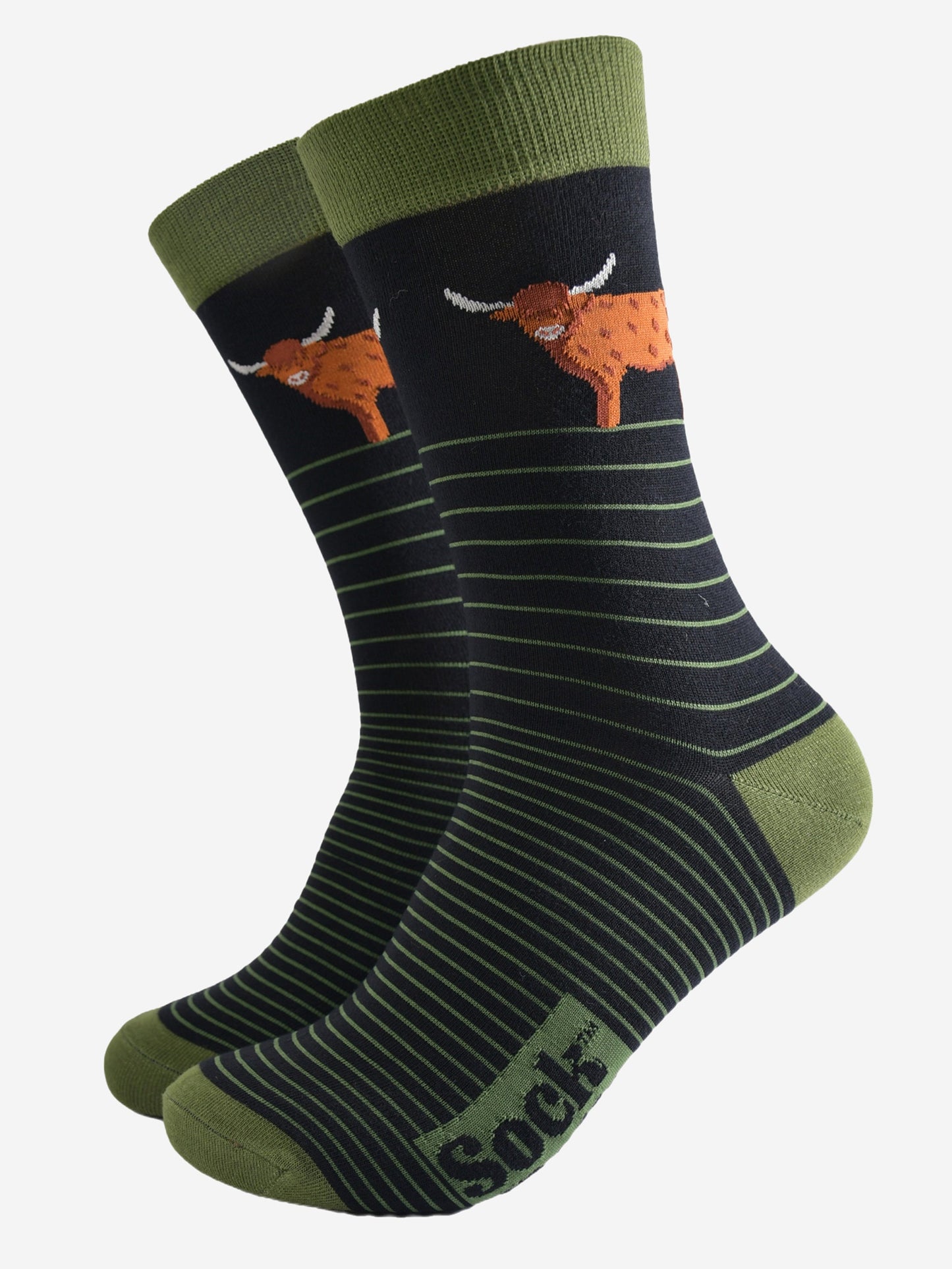 Men's Bamboo Socks - Black/Green, Highland Cow Stripe