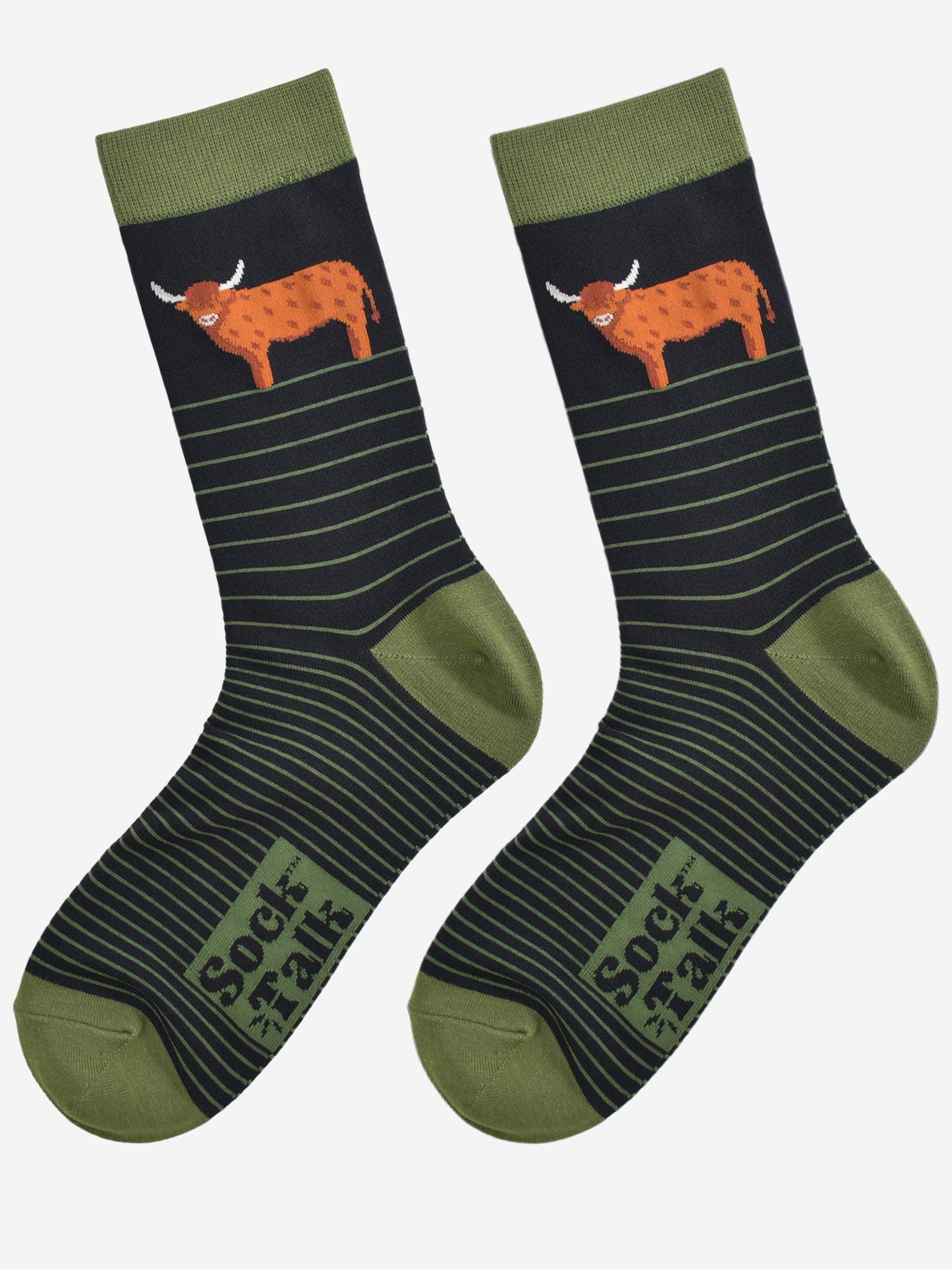 Men's Bamboo Socks - Black/Green, Highland Cow Stripe