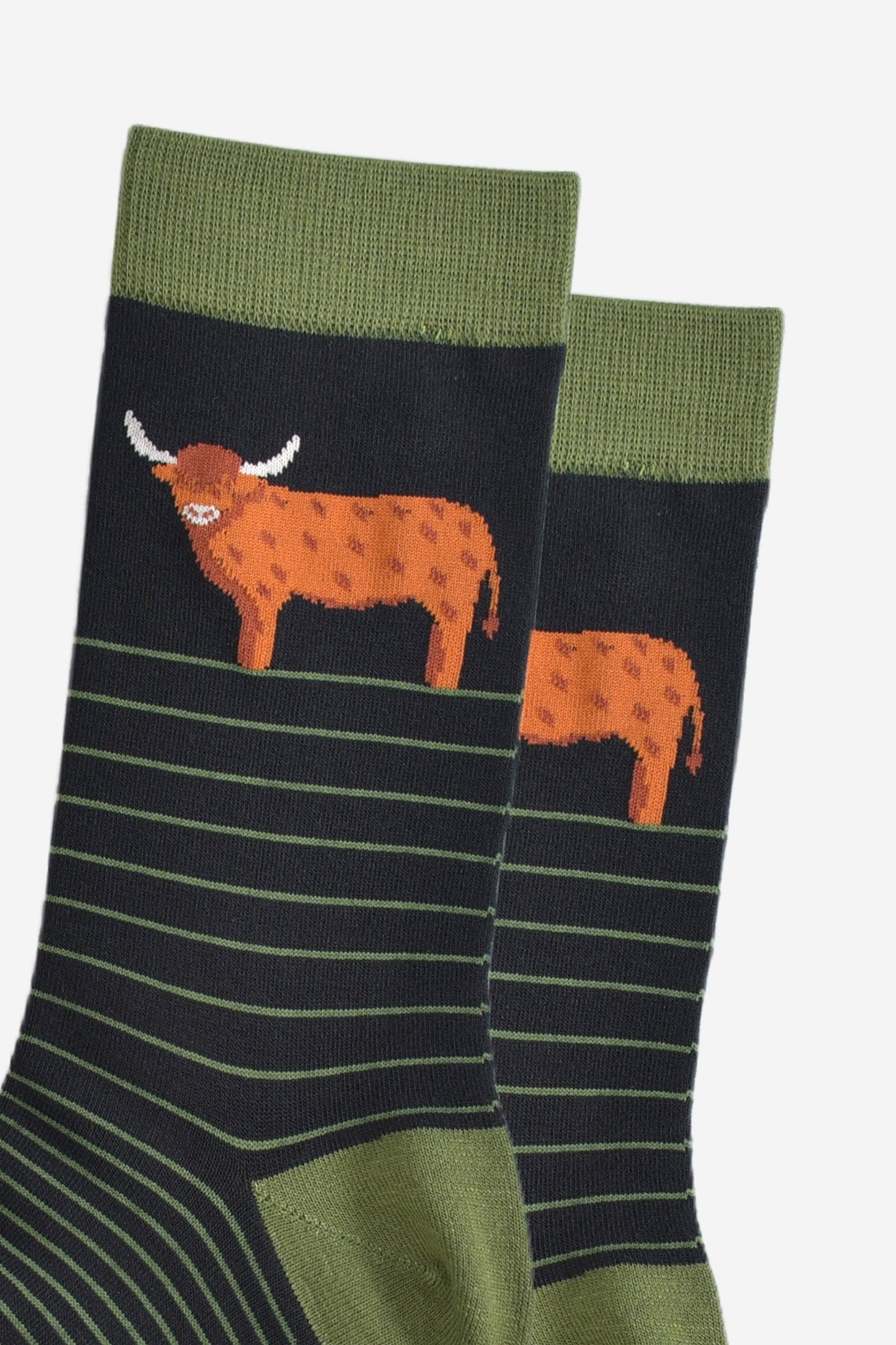 Men's Bamboo Socks - Black/Green, Highland Cow Stripe