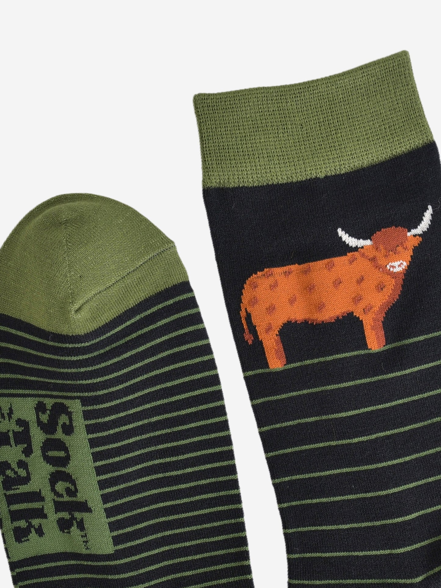 Men's Bamboo Socks - Black/Green, Highland Cow Stripe