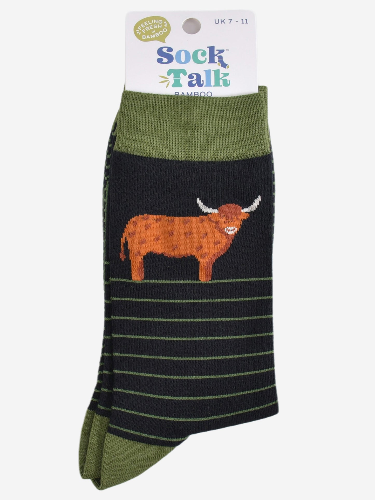Men's Bamboo Socks - Black/Green, Highland Cow Stripe