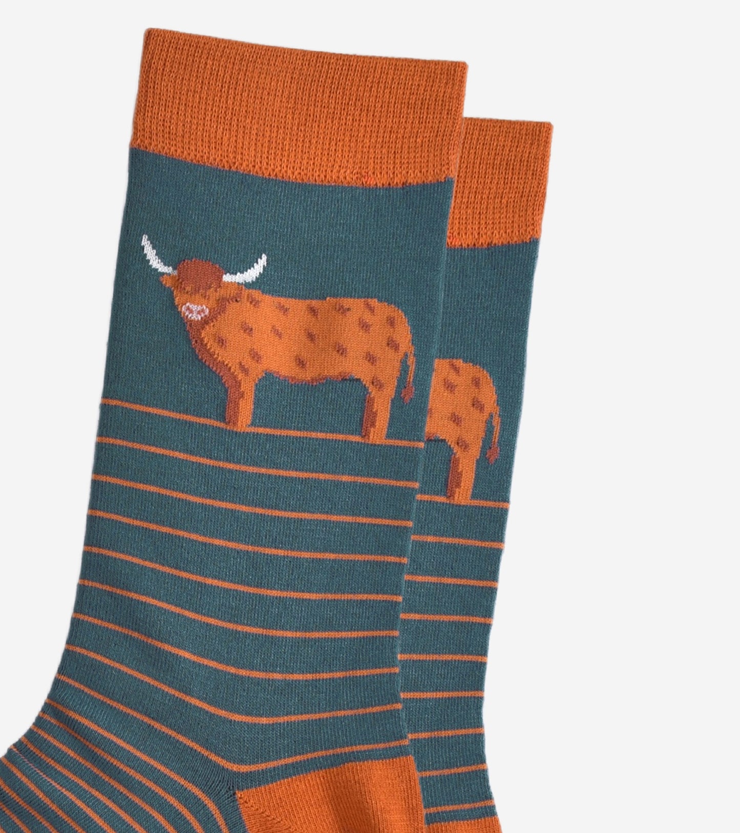 close up of the highland cow on the ankle of the socks, it is designed to like it has a long hairy coat