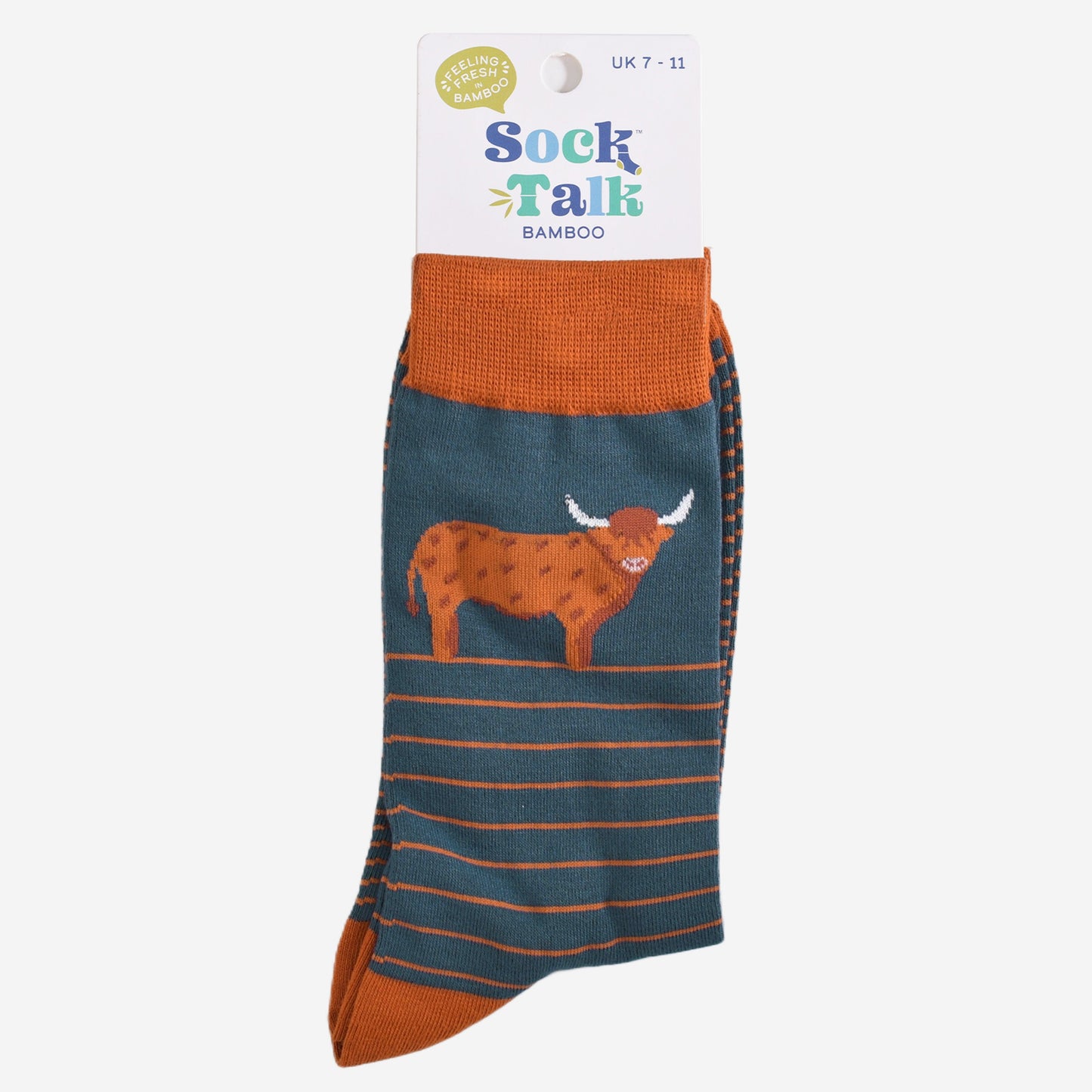 teal and orange striped highland cow bamboo socks in their sock talk packaging, the socks are a uk size 7-11
