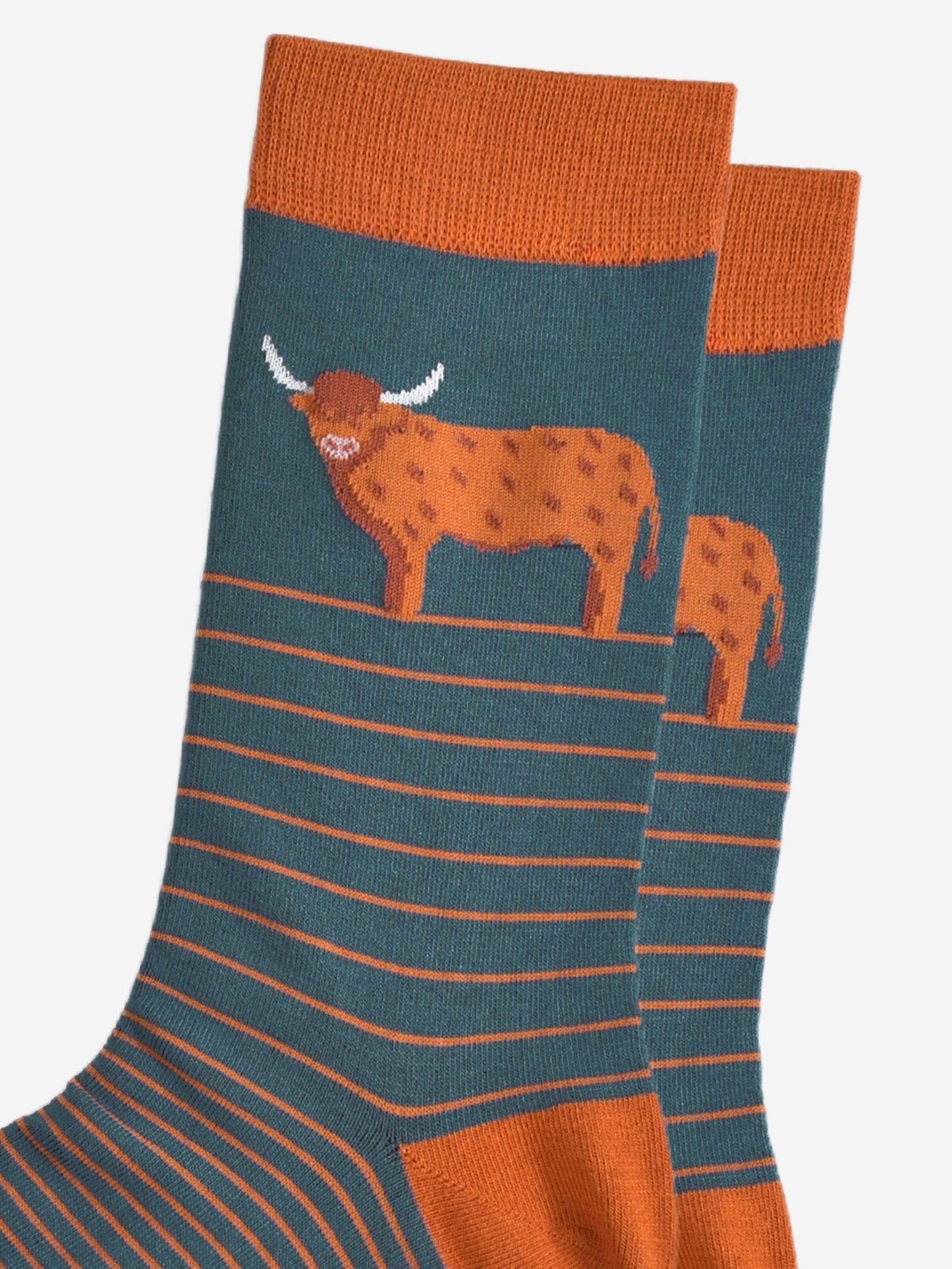 close up of the highland cow on the ankle of the socks, it is designed to like it has a long hairy coat