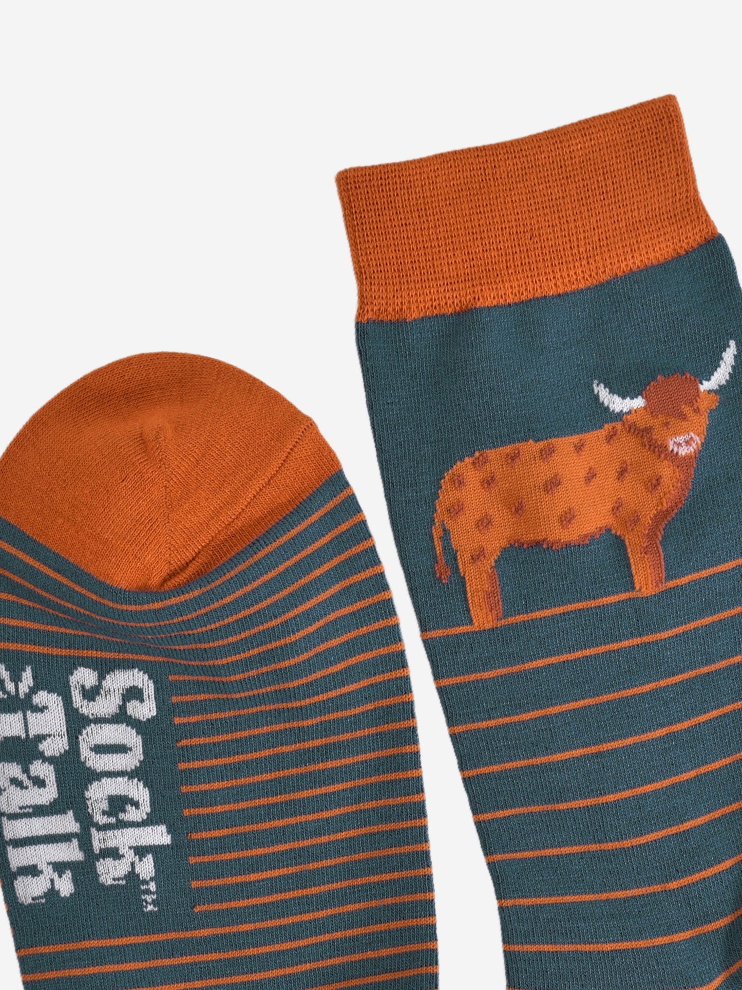 close up of the toe and the cuff of the socks, showing the prominent stripe pattern and large highland cow on the ankle