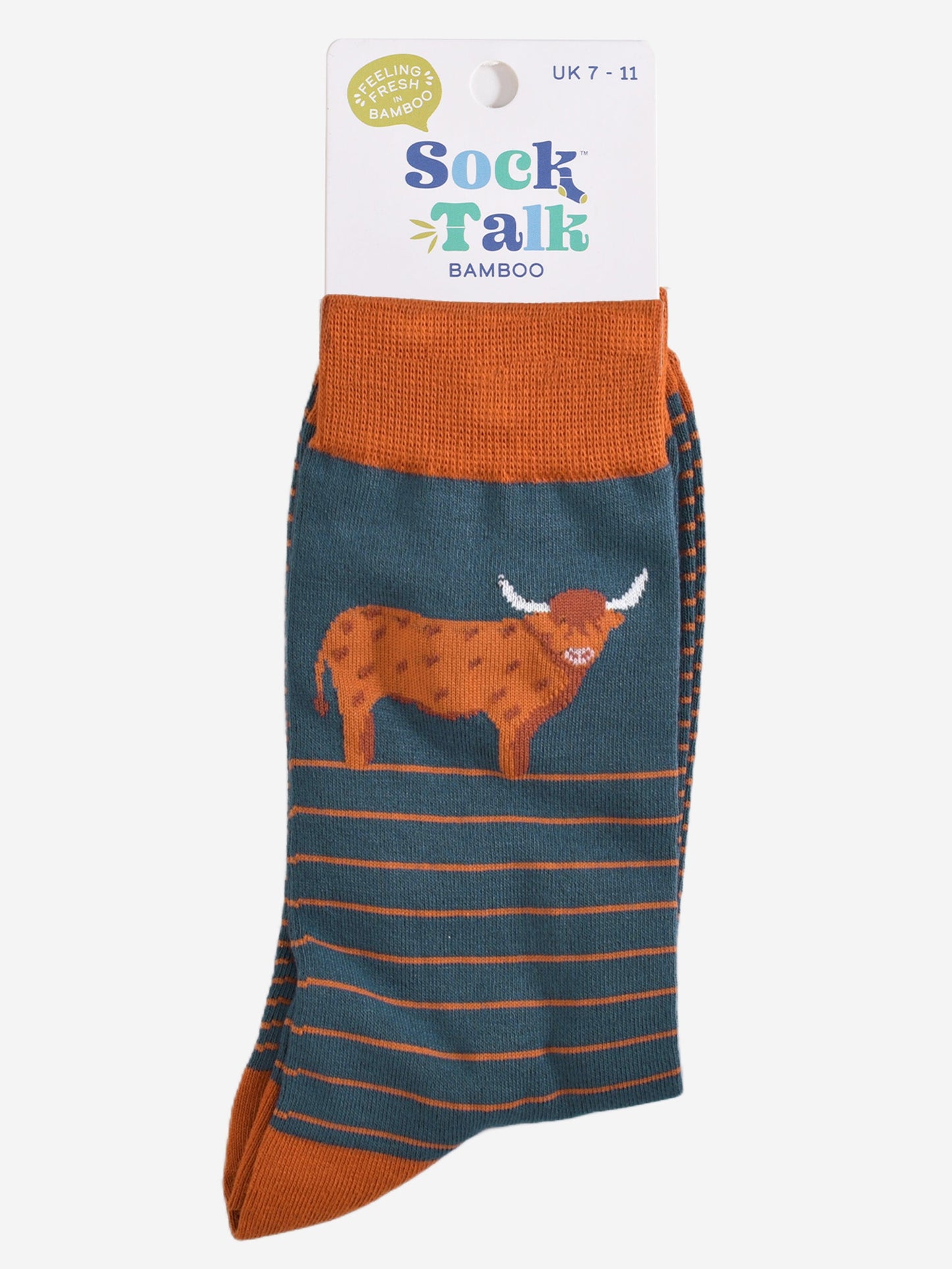 teal and orange striped highland cow bamboo socks in their sock talk packaging, the socks are a uk size 7-11