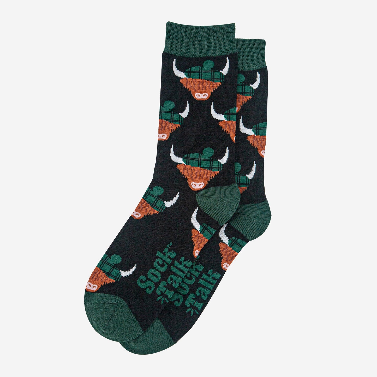mens-bamboo-socks-black-forest-green-highland-cow-laying-flat
