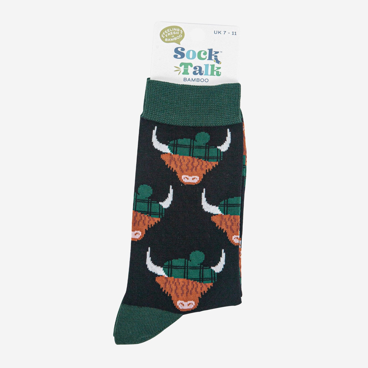 mens-bamboo-socks-black-forest-green-highland-cow-in-sock-talk-packaging