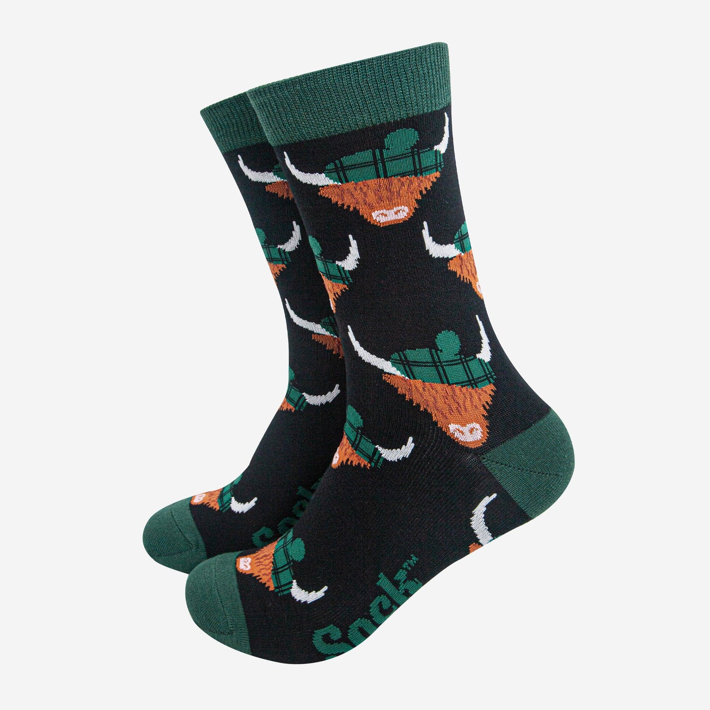 mens-bamboo-socks-black-forest-green-highland-cow-tartan-hats