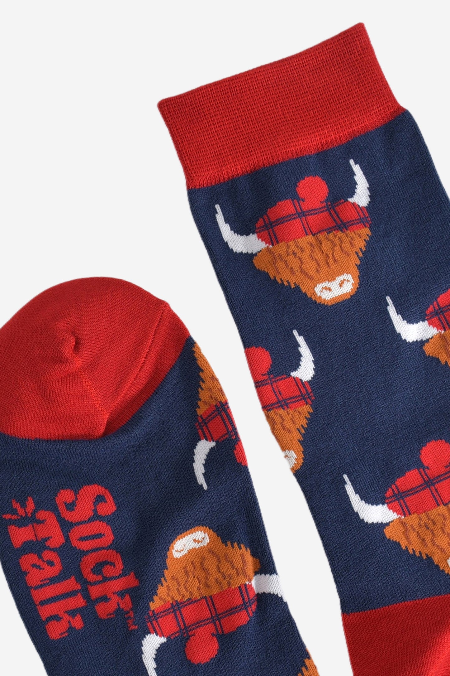 Men's Bamboo Socks - Navy Blue/Red, Highland Cow Tartan Hat