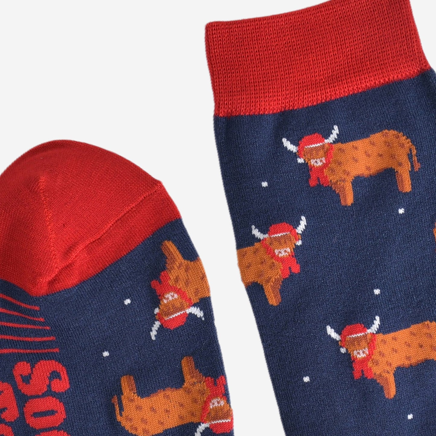 showing the toe and cuff of the highland cow socks, showing the stripe detail on the sole and a close up of the highland cow pattern