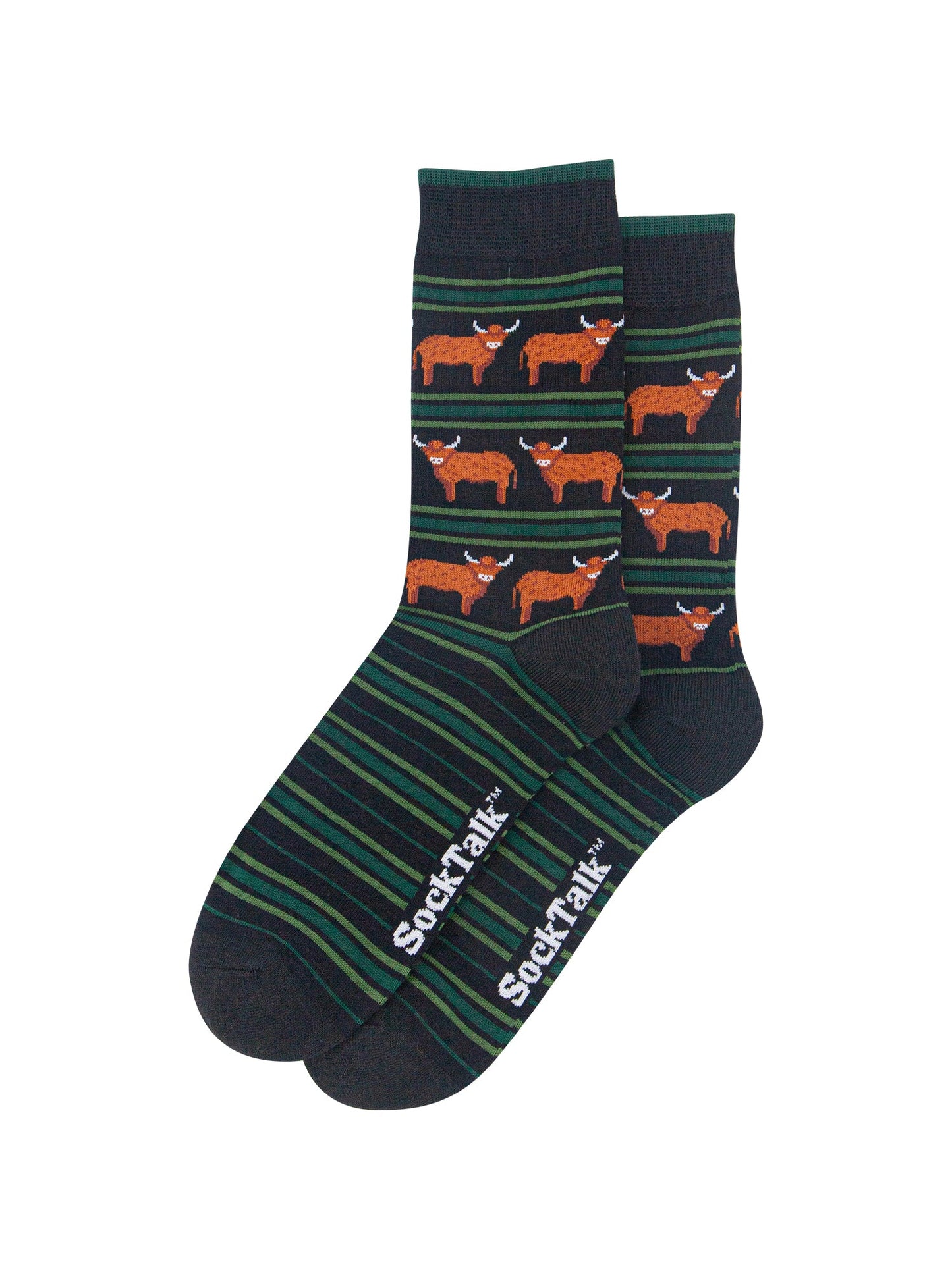 Highland-Cow-Stripe-Men's-Bamboo-Socks-in-Black/Green-Laid-Flat