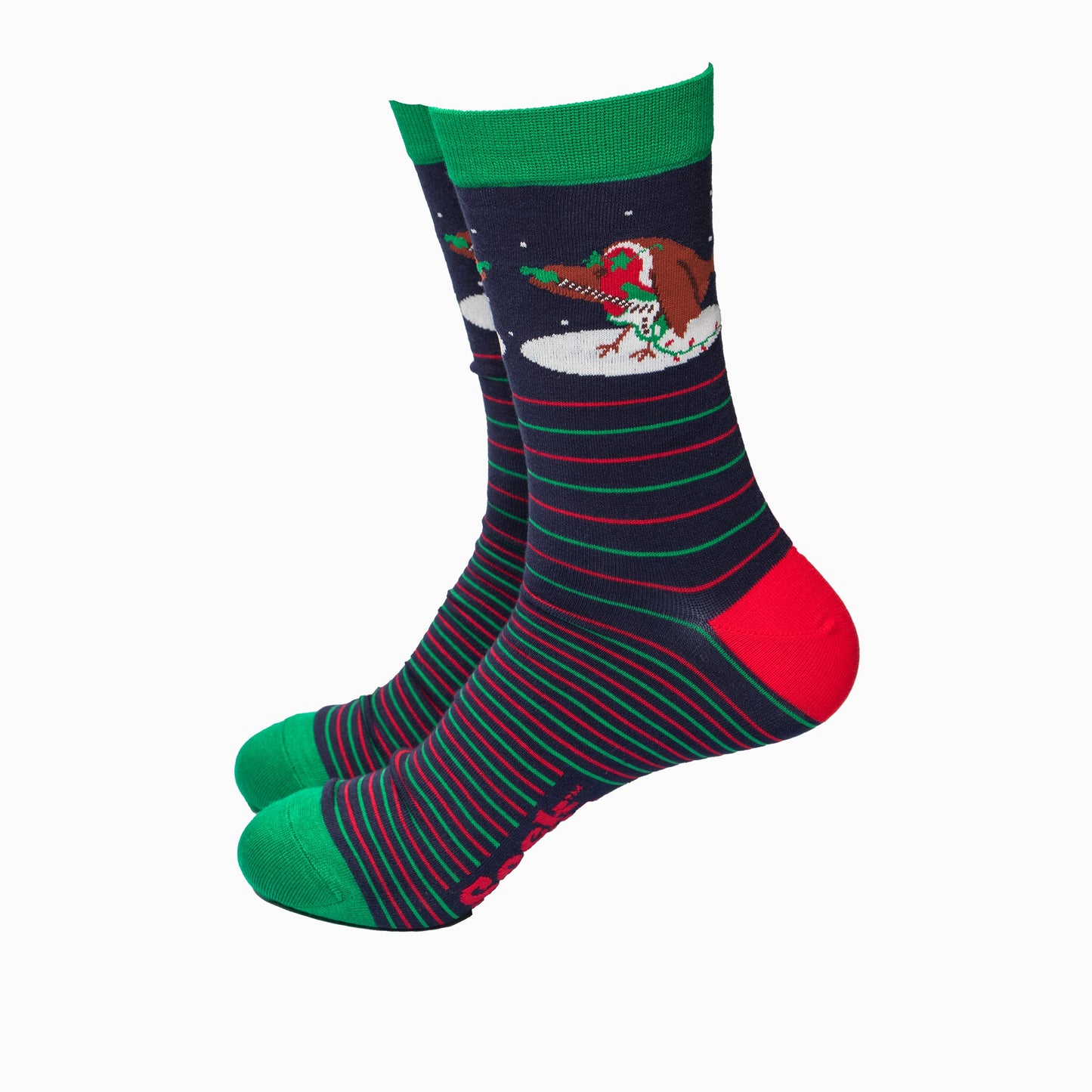 navy blue socks with green and red horizontal pin stripes, there is a red robin bird on the ankle playing an electric guitar