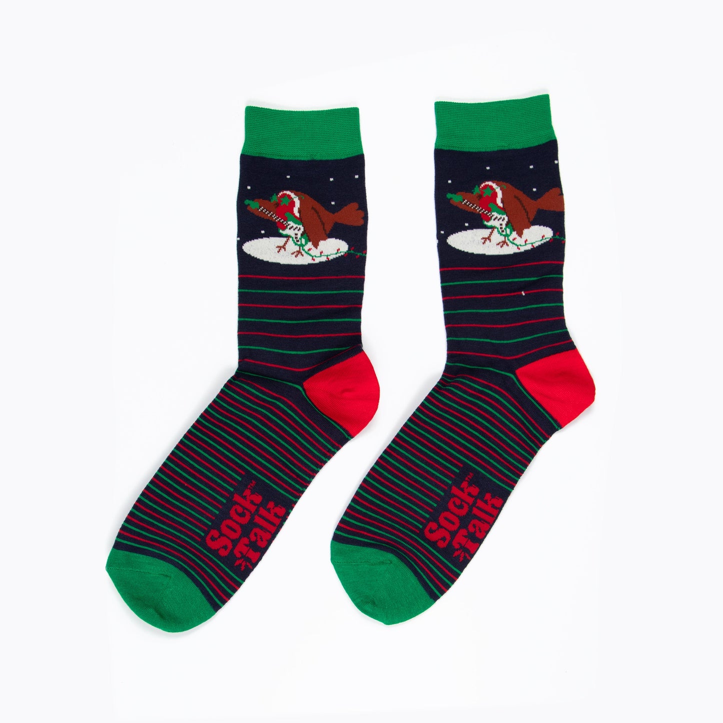 rockin robin socks laying flat, showing the horizontal pin stripes and the guitar playing red robin