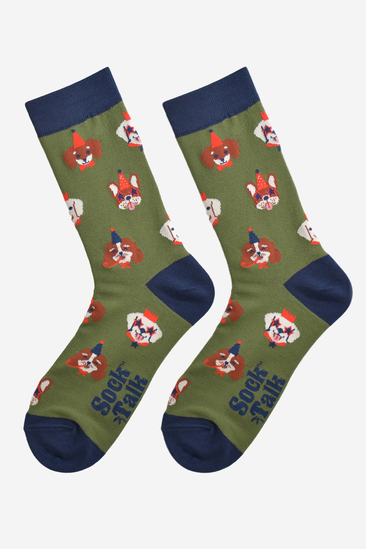 Men's Bamboo Crew Socks Christmas Cracker Gift Box - Green/Navy Blue, Party Dogs
