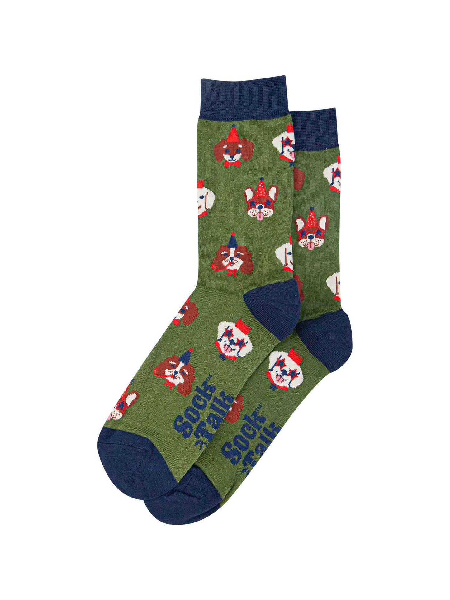 green and navy blue dog socks laying flat, showing the all over pattern of dogs wearing party hats
