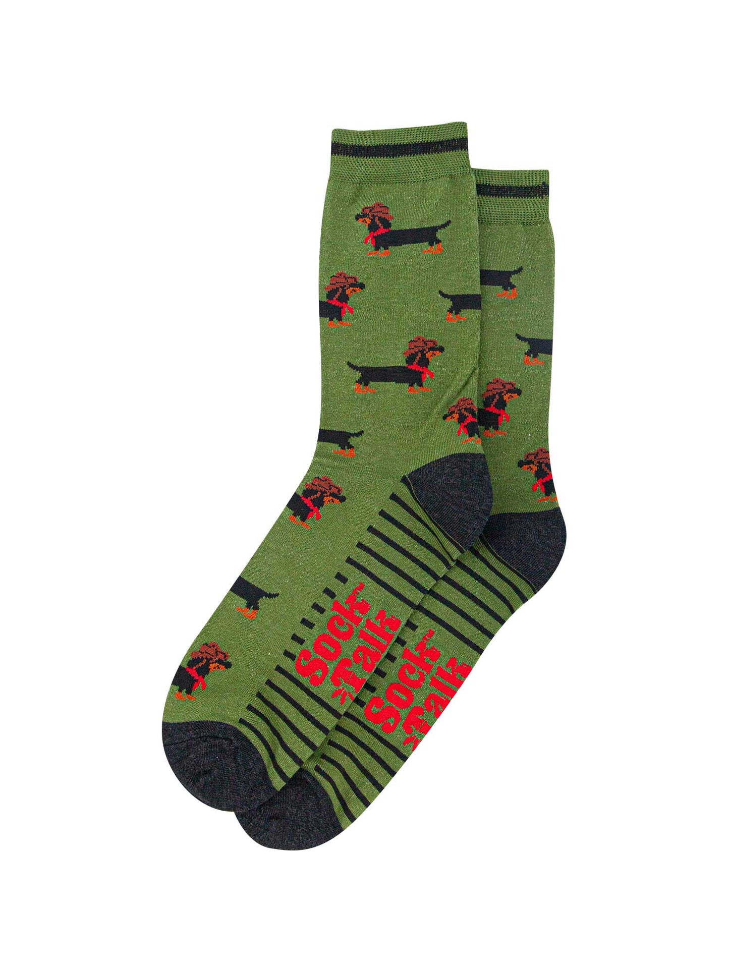 mens-bamboo-socks-green-sausage-dog-cowboy-laying-flat