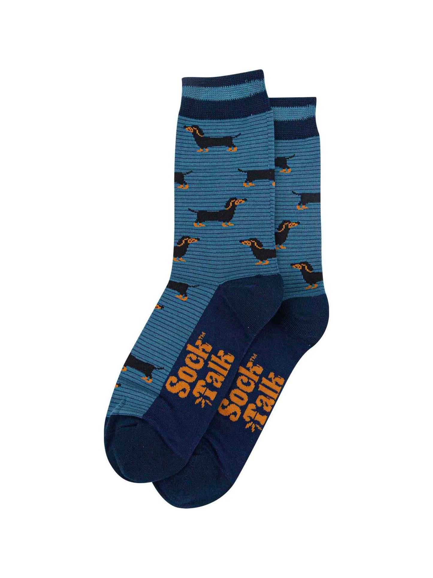 mens-bamboo-socks-denim-blue-navy-blue-sausage-dog-stripes-laying-flat