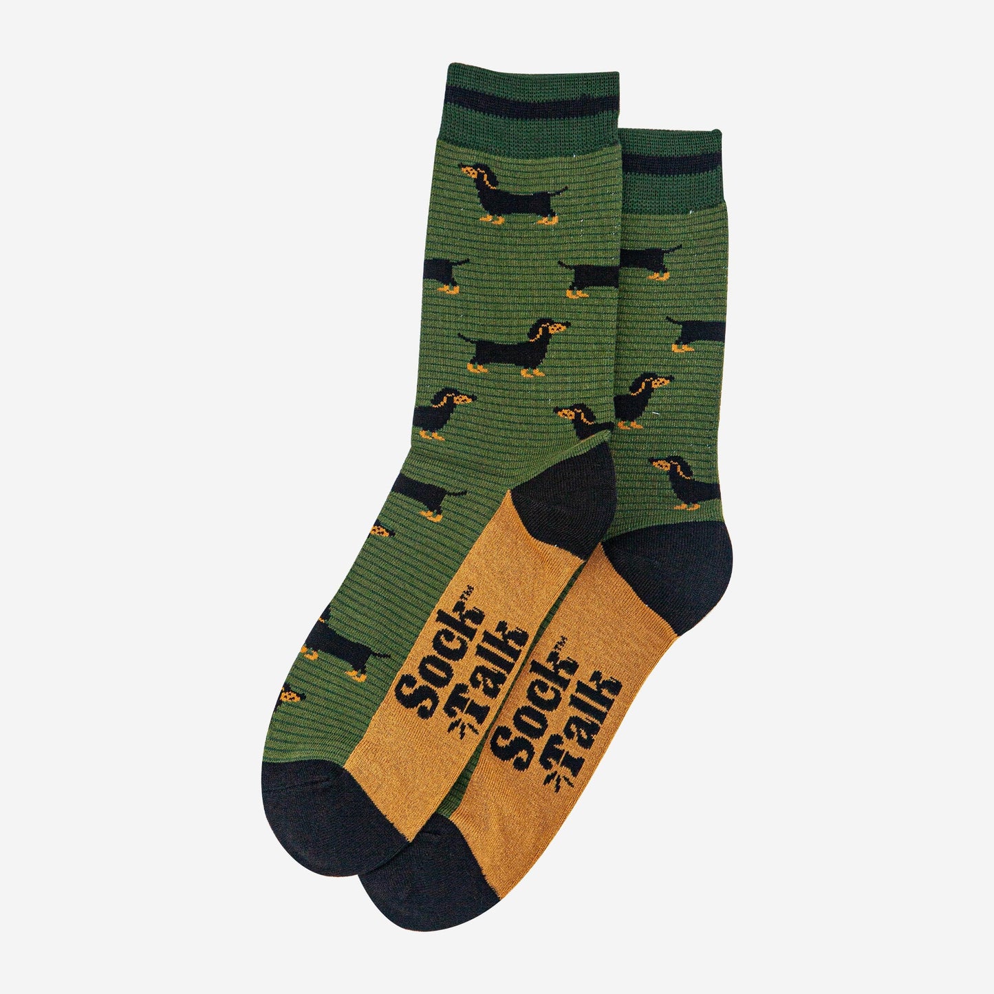 mens-bamboo-socks-khaki-dark-green-sausage-dog-stripes-laying-flat