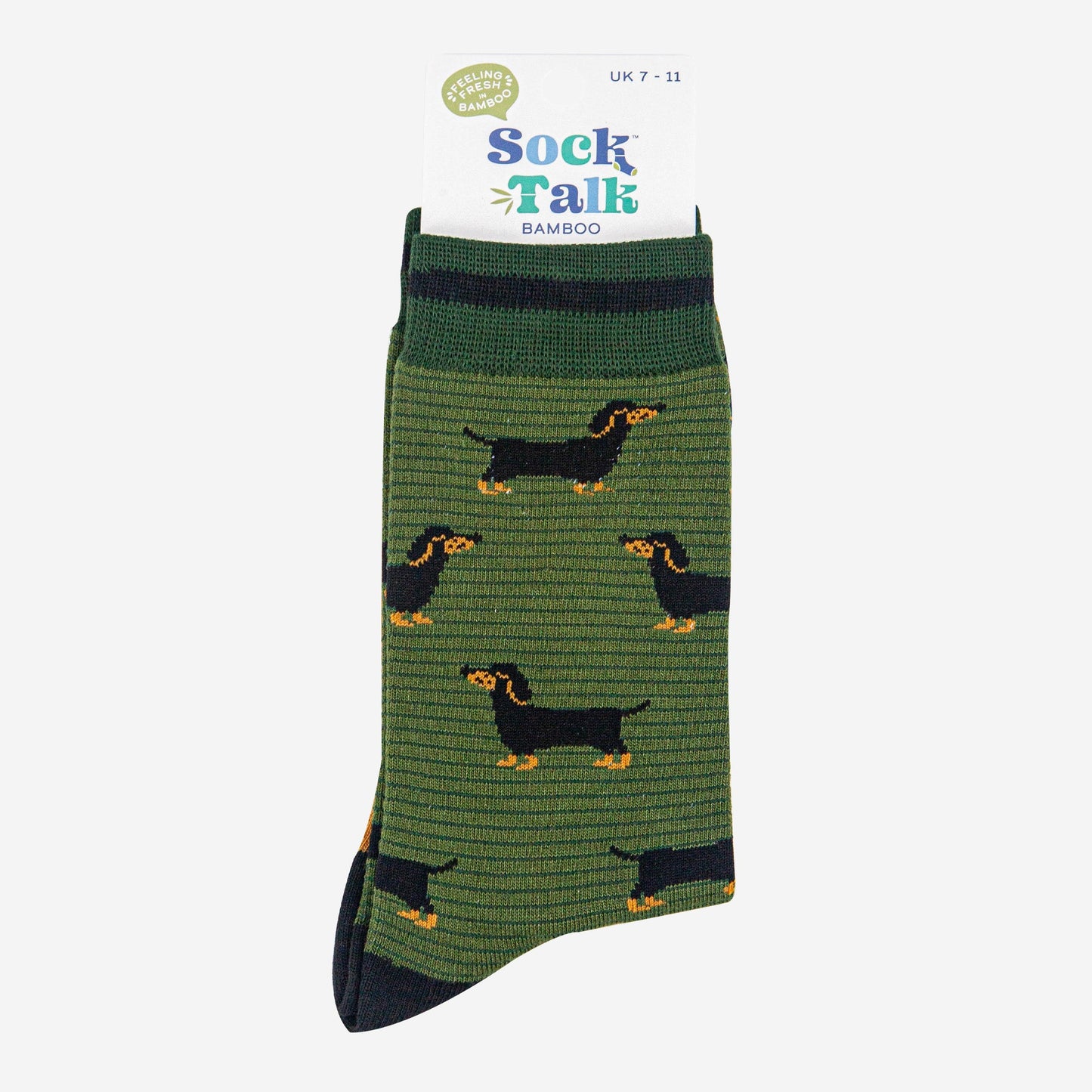 mens-bamboo-socks-khaki-dark-green-sausage-dog-stripes-in-sock-talk-packaging