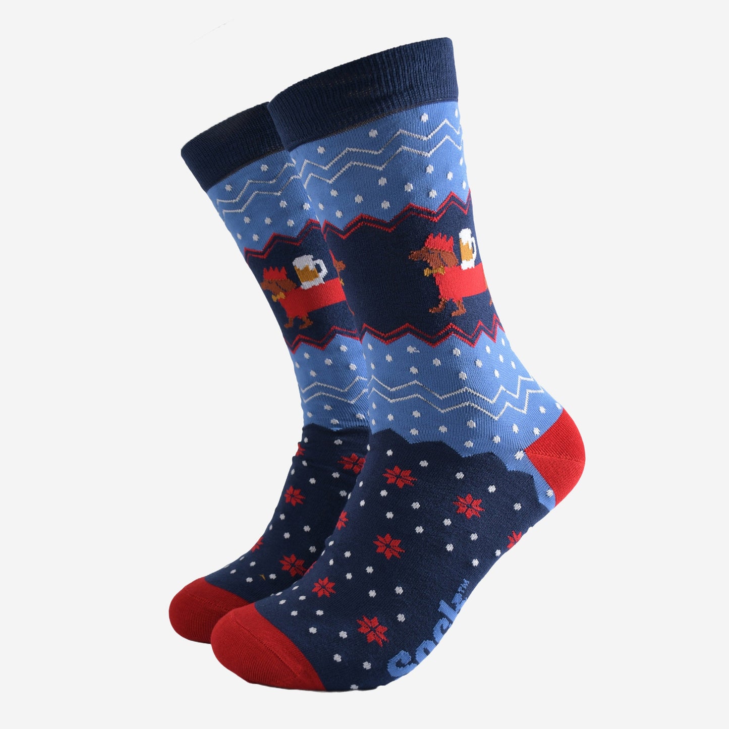 blue and red fair isle style socks with a sausage dog carrying a pint of beer