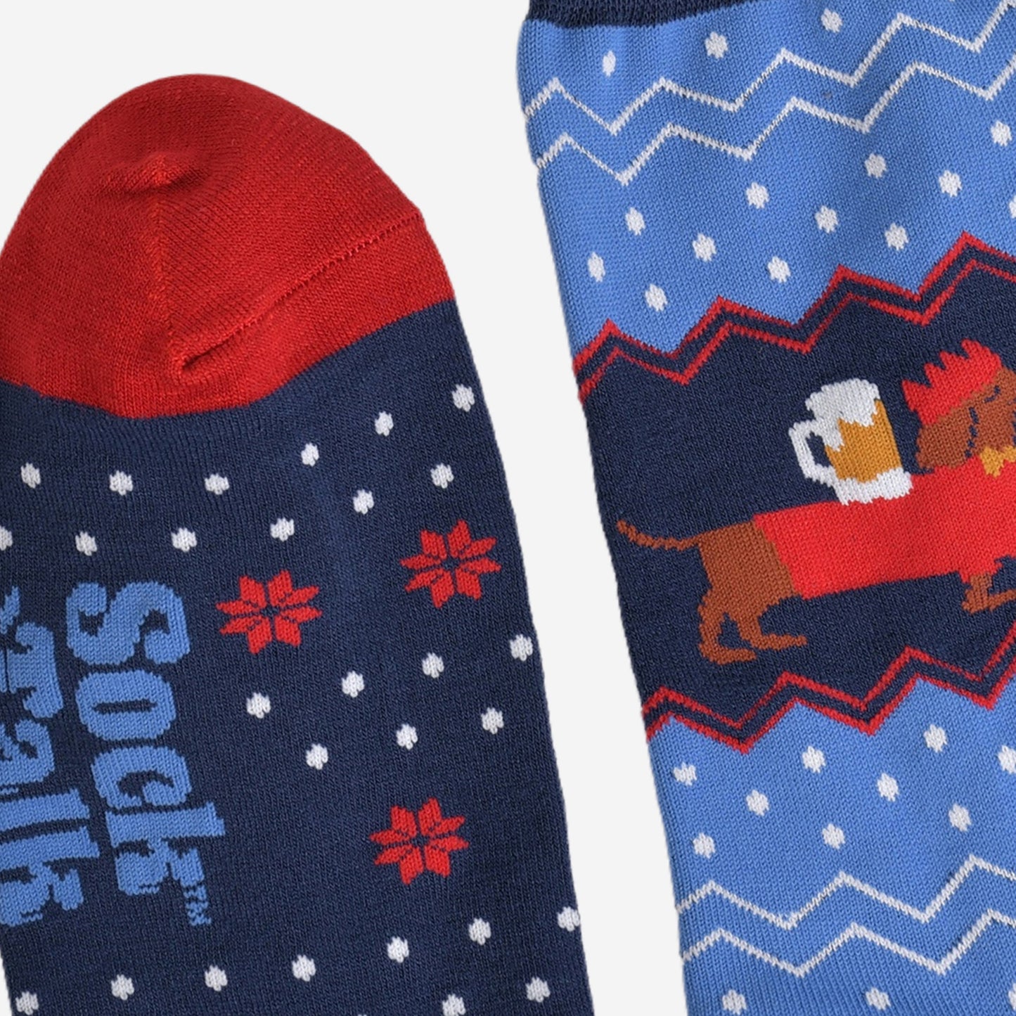 showing the cuff and toe of the socks, the cuff is navy blue and the toe is red, both colours are in keeping with the colours used in the rest of the sock design