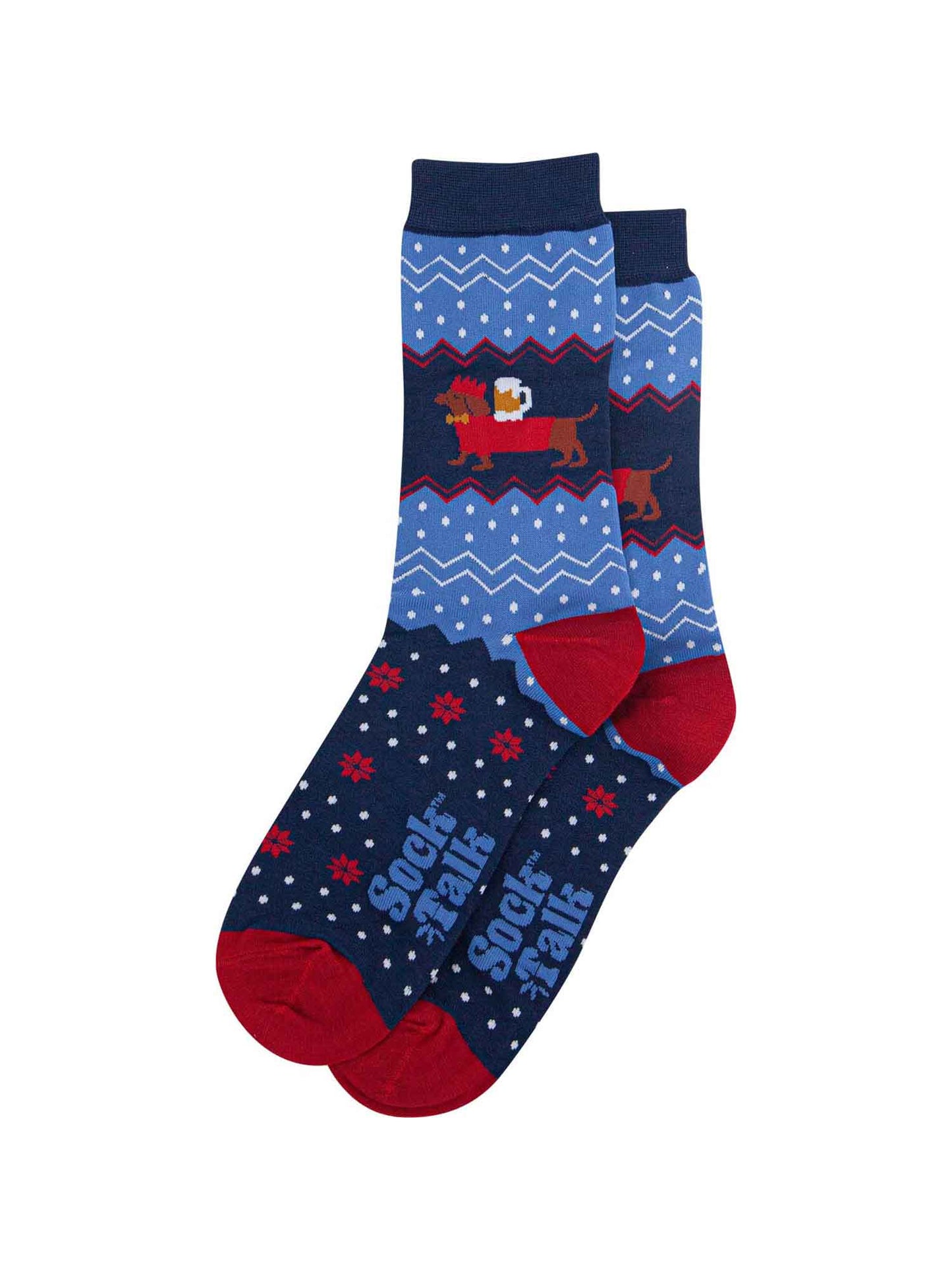 sausage dog beer socks laying flat, showing the blue and red fair isle pattern and the sausage dog carrying a pint of beer on its back