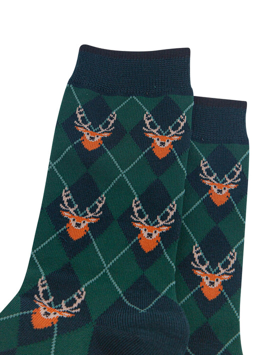 Stag-Argyle-Men's-Bamboo-Socks-in-Forest-Green-Close-Up