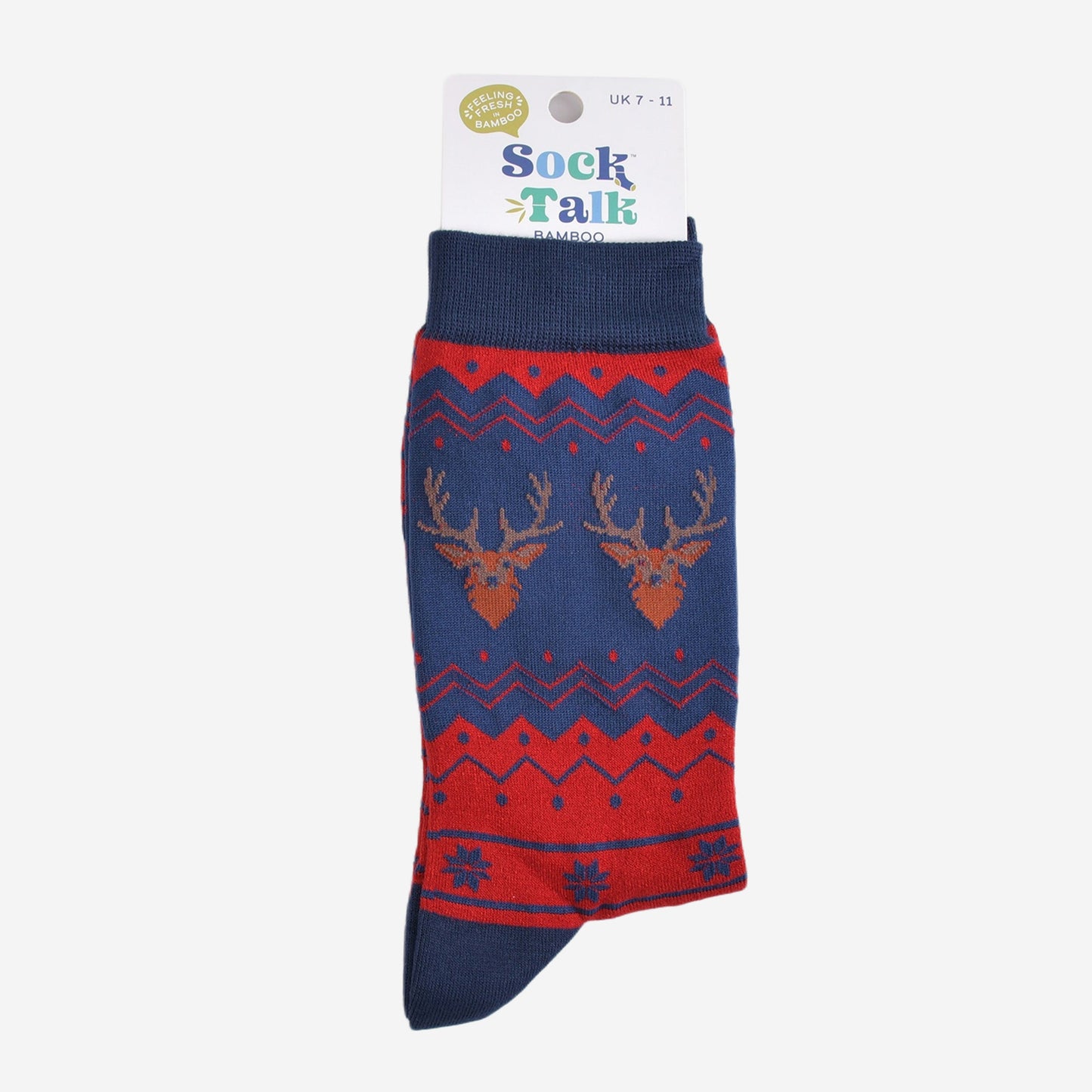 stag and fair isle bamboo socks in their sock talk packaging, these socks are a uk size 7-11