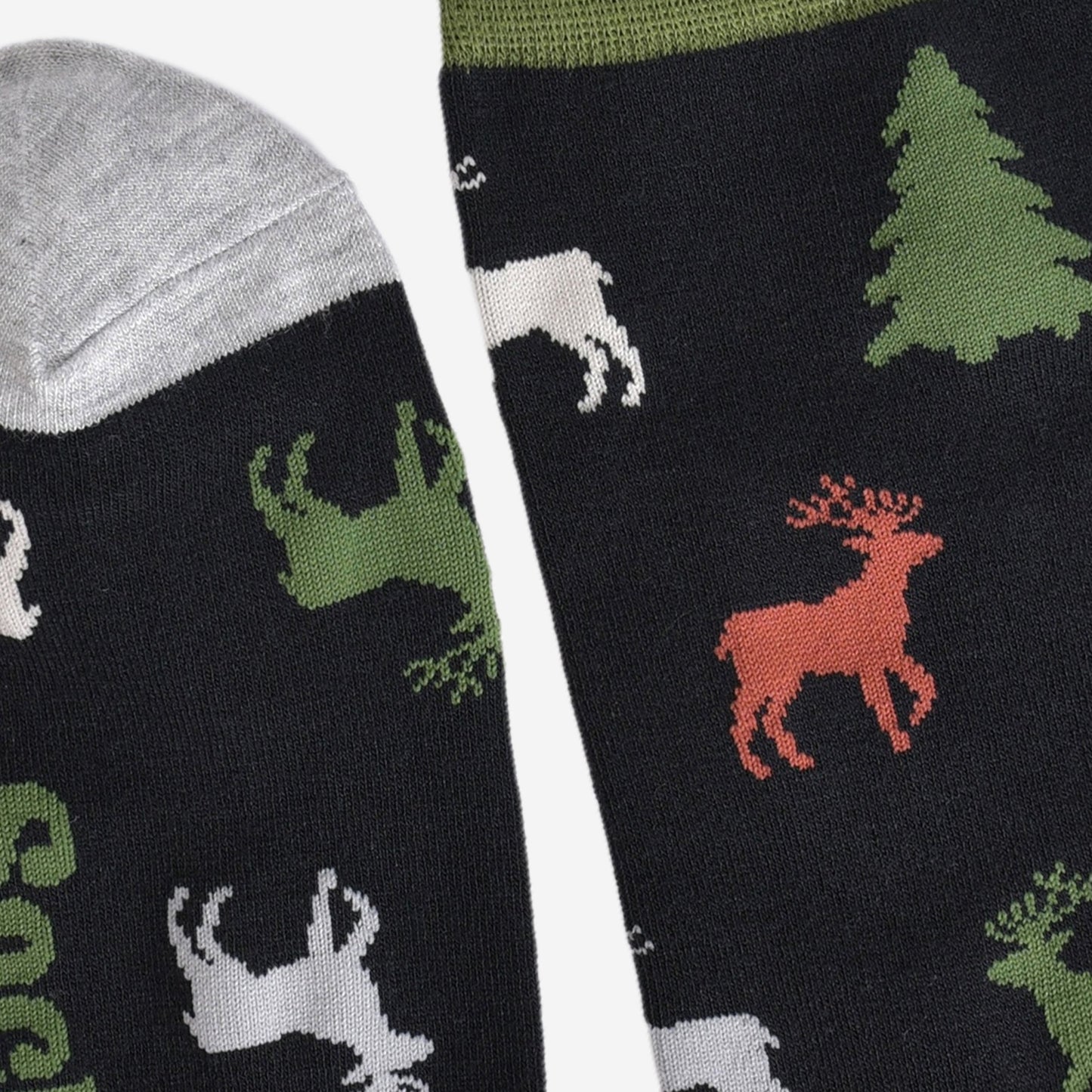 showing the cuff and toe of the socks, the cuff is green, the toe is grey