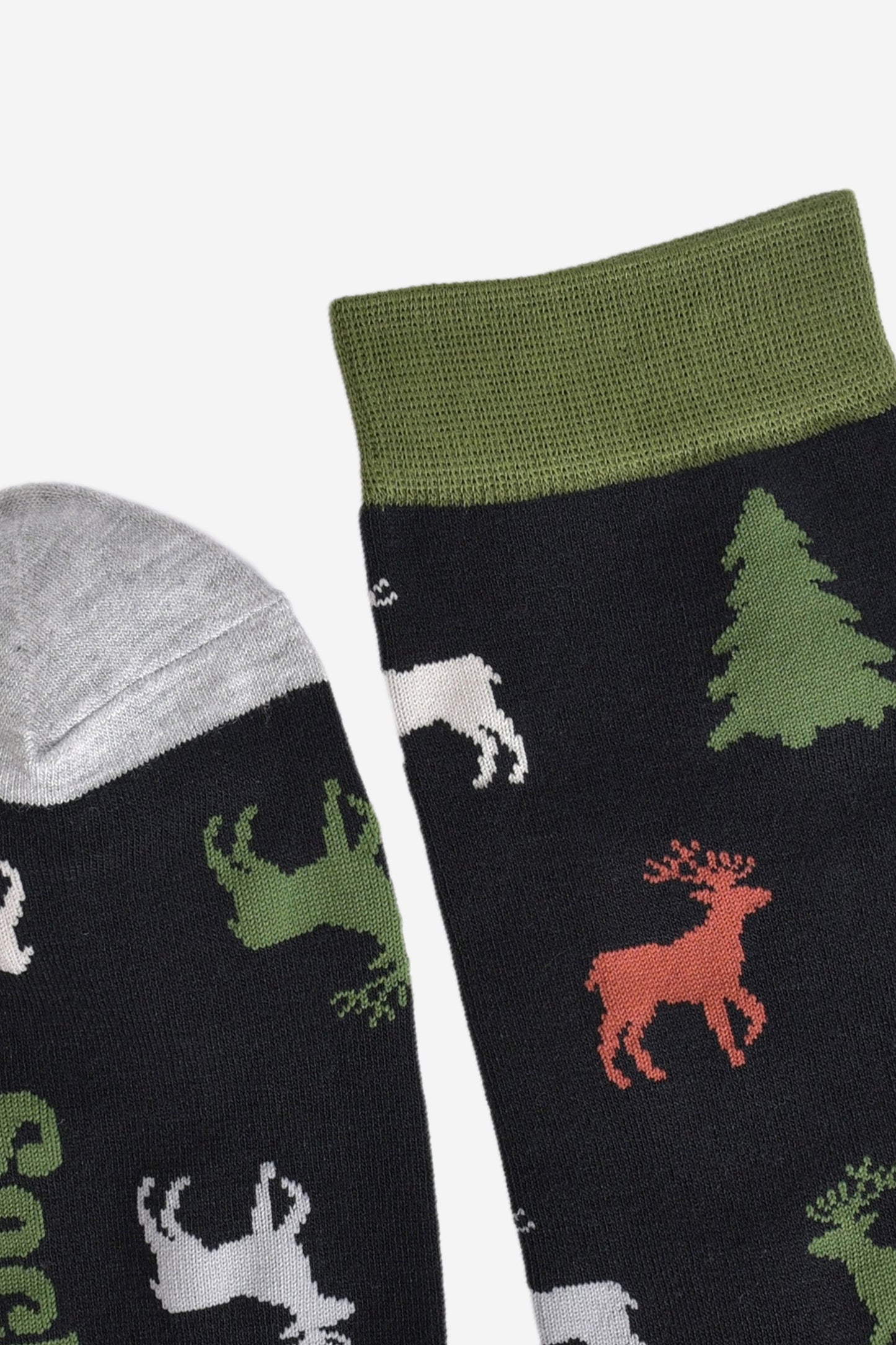 showing the cuff and toe of the socks, the cuff is green, the toe is grey