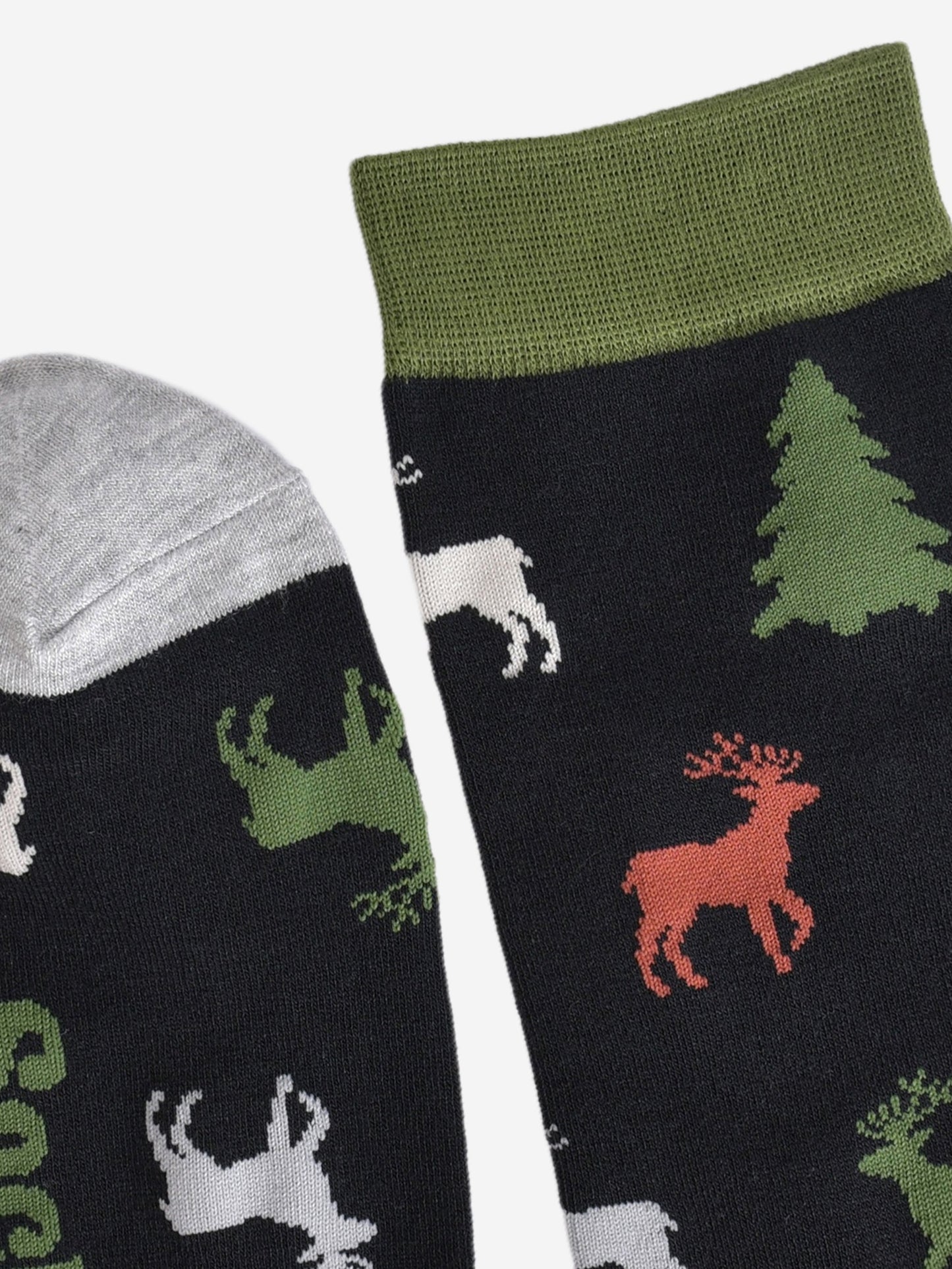 showing the cuff and toe of the socks, the cuff is green, the toe is grey