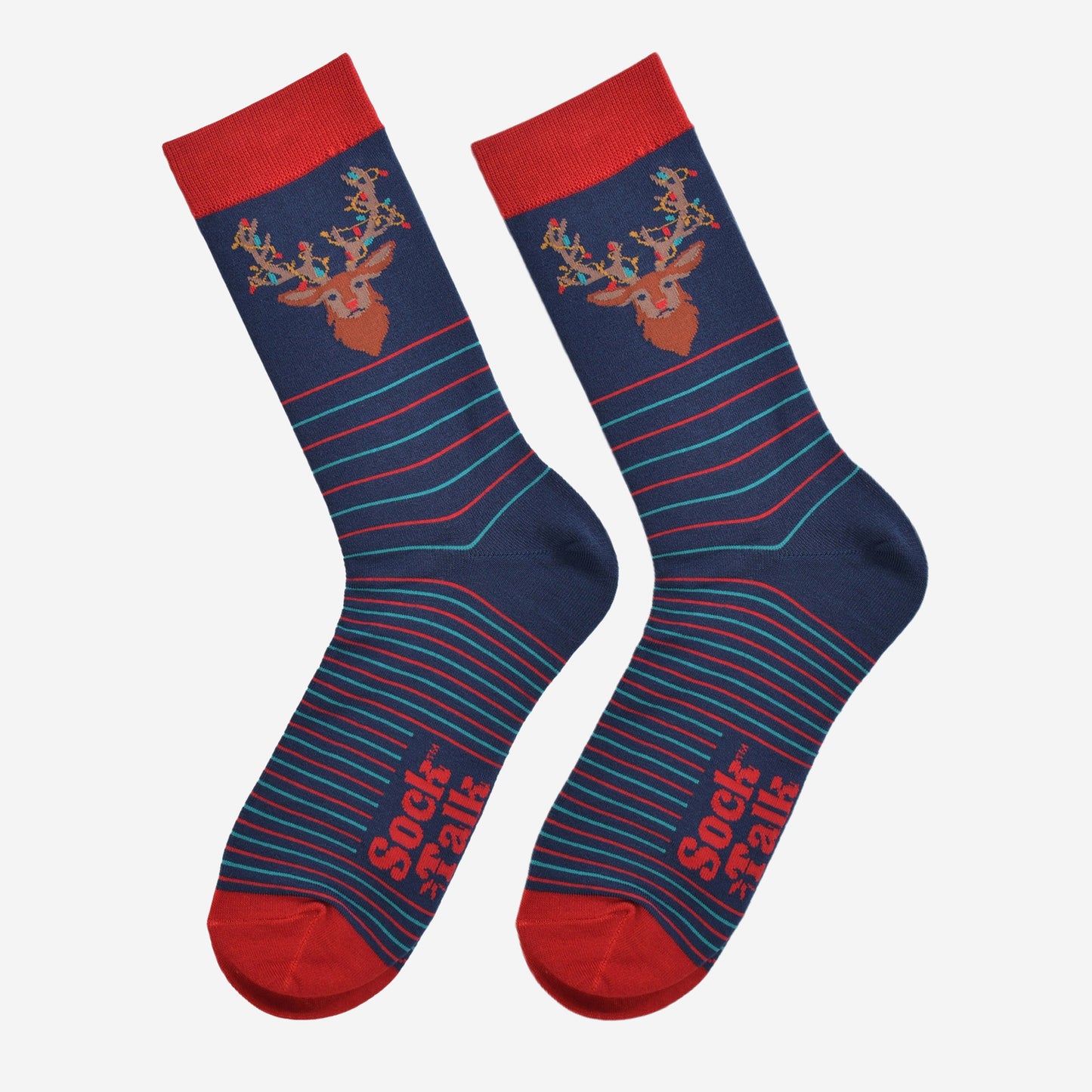 navy blue and red stag party lights socks laying flat, showing the pinstripe pattern in red and turquoise and the large stag head on the ankle