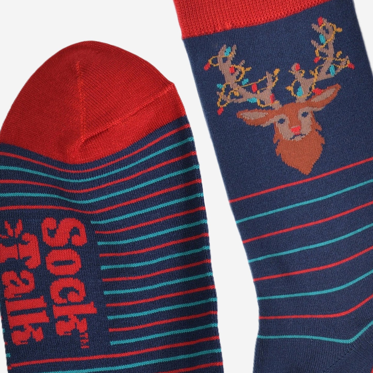 showing the toe and the cuff of the stag party bamboo socks, they are both red in contrast to the navy blue base of the socks