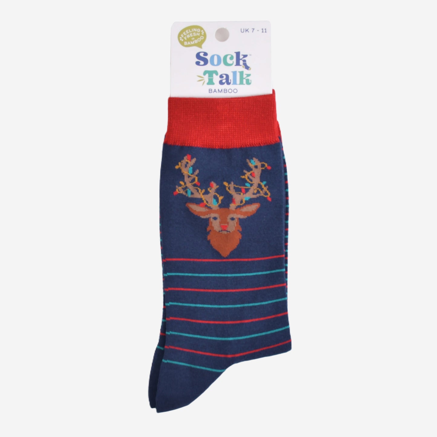 striped stag party light bamboo socks in their sock talk packgaing, the socks are a uk size 7-11