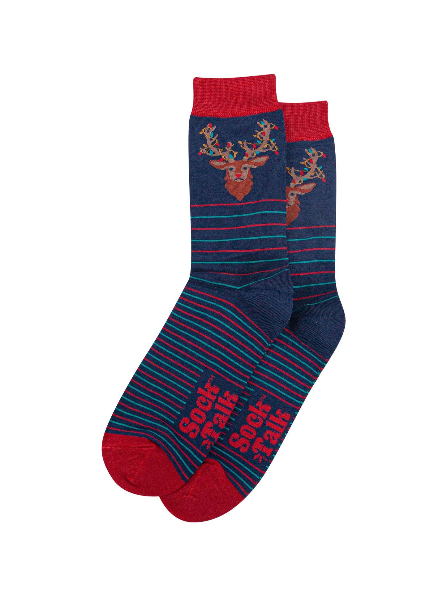 navy blue and red stag party lights socks laying flat, showing the pinstripe pattern in red and turquoise and the large stag head on the ankle