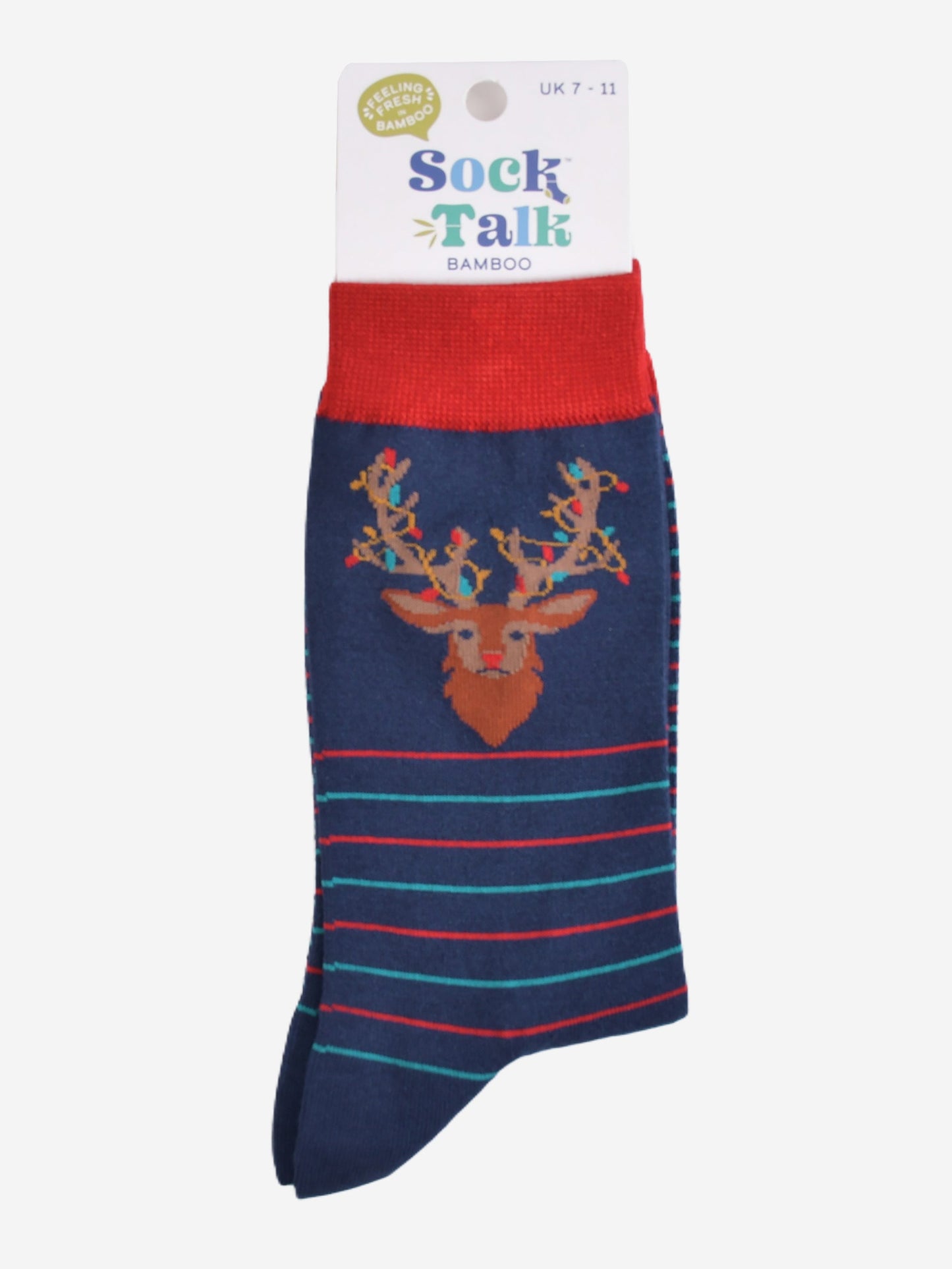 striped stag party light bamboo socks in their sock talk packgaing, the socks are a uk size 7-11
