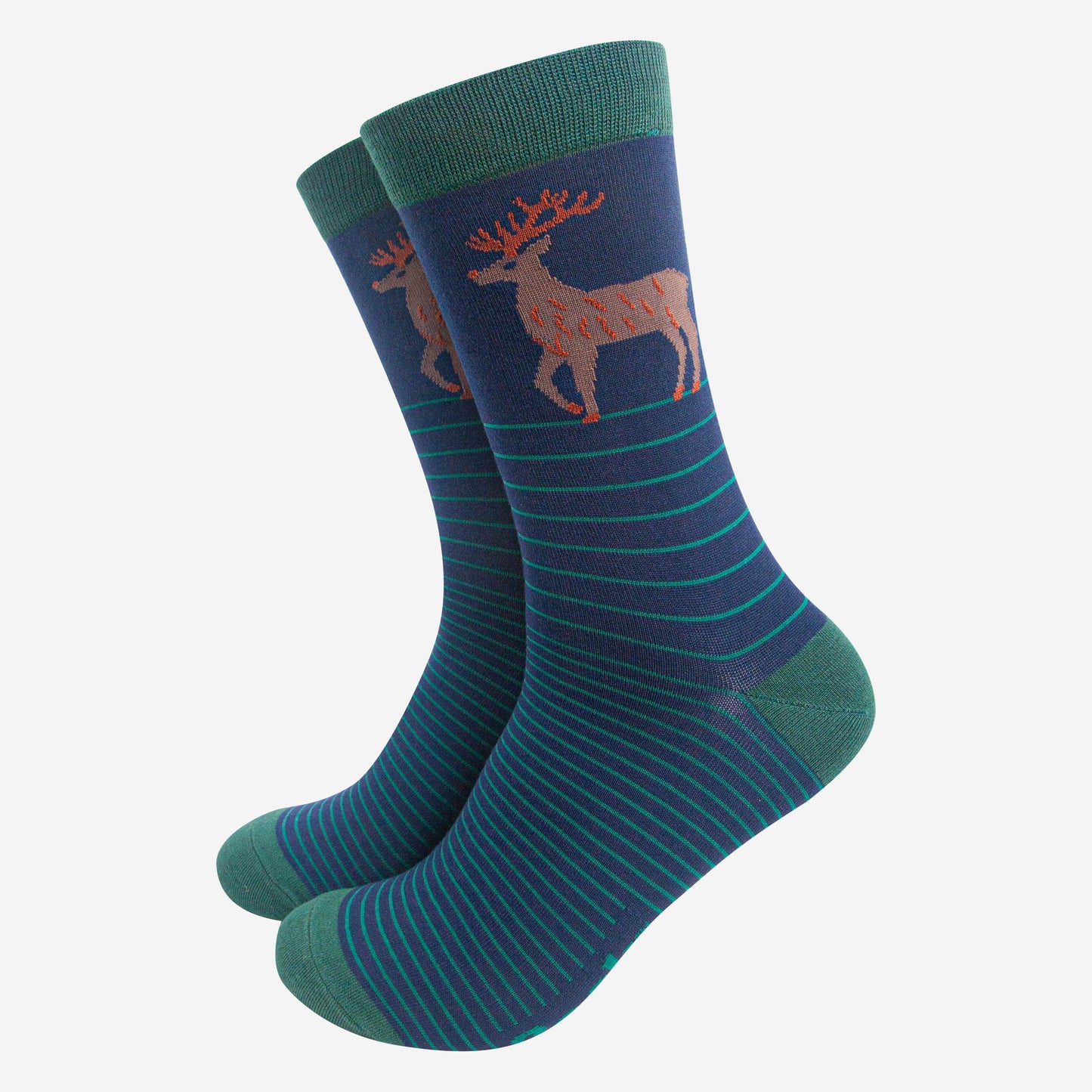 navy blue bamboo crew socks with green stripes and a stag reindeer on the ankle