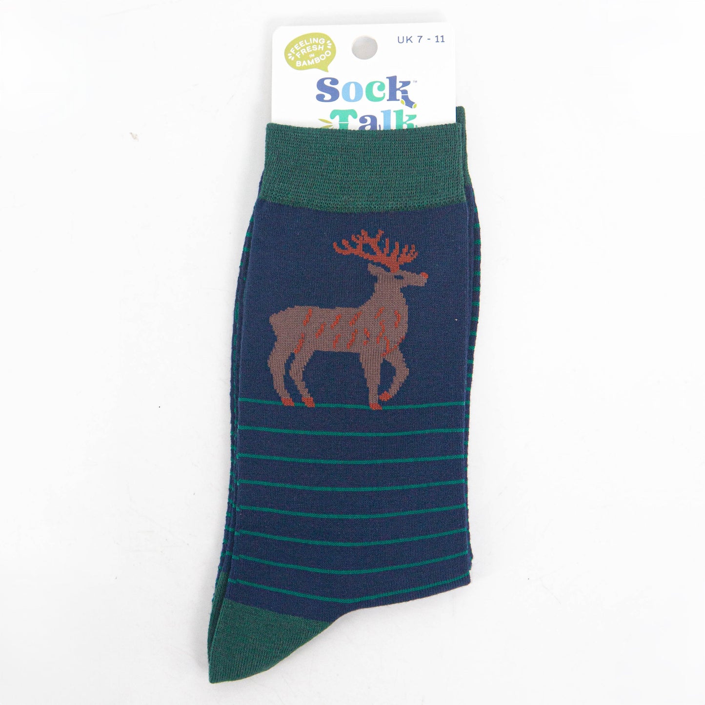 striped stag bamboo socks in their sock talk packaging, these socks are a uk size 3-7