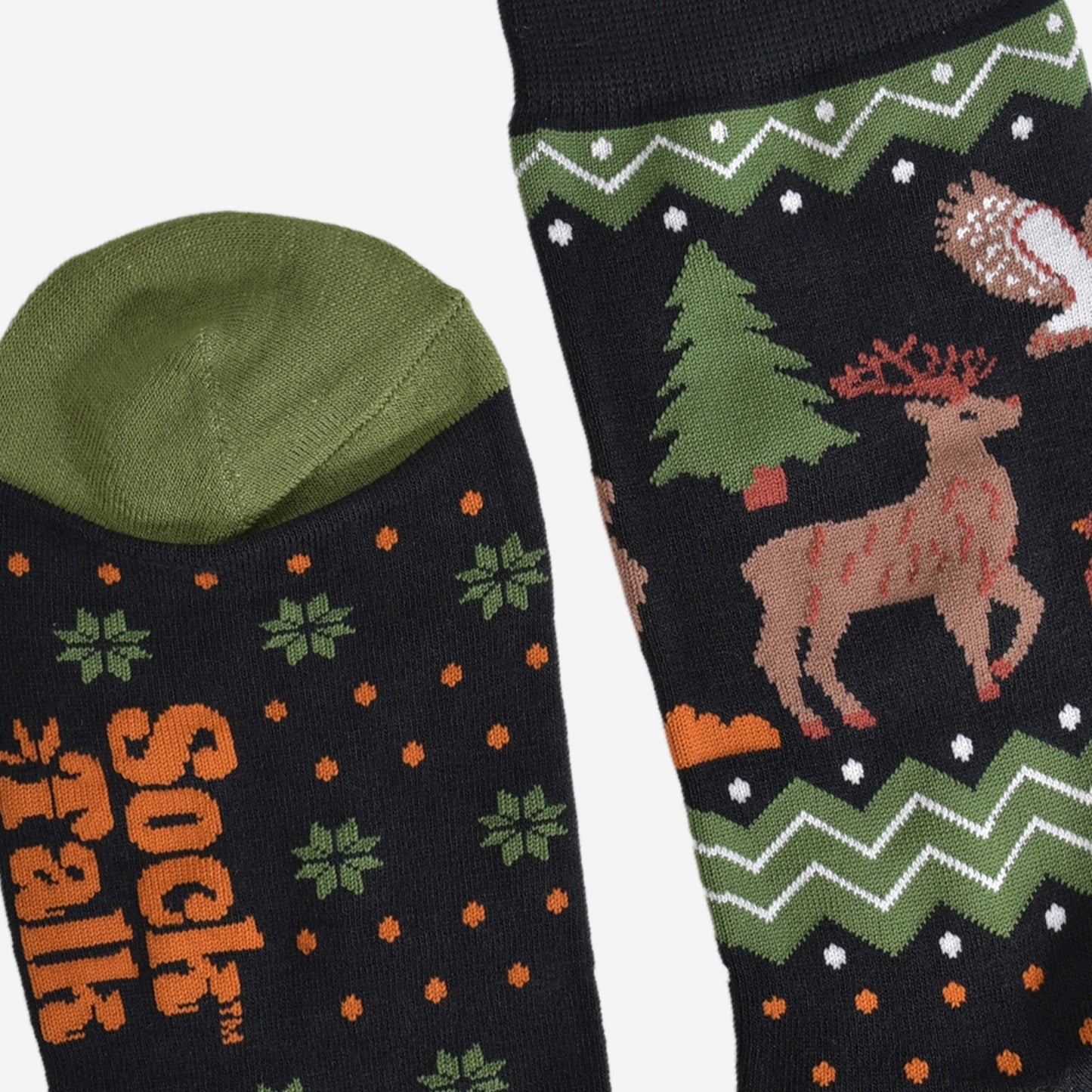 close up of the toe and cuff of the bamboo socks, the toe is green and the cuff is black in keeping with the colours used throughout the design