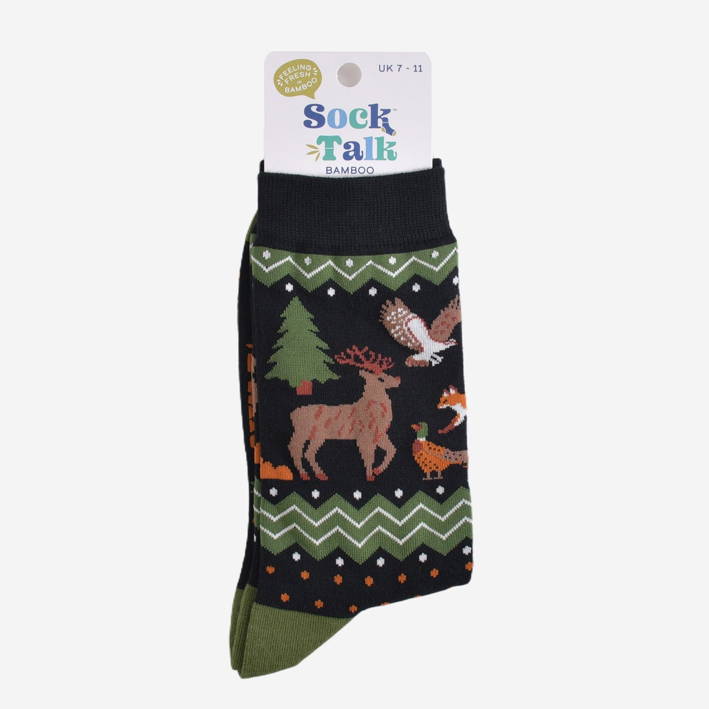 woodland animals bamboo socks in their sock talk packaging, these socks are a uk size 7-11