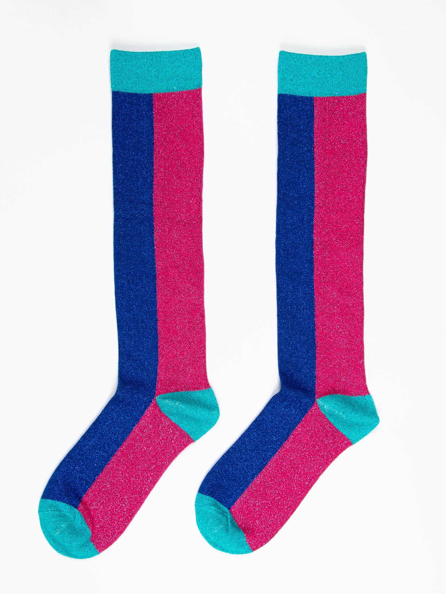 Women's Knee High Glitter Socks - Blue/Pink, Colour Block