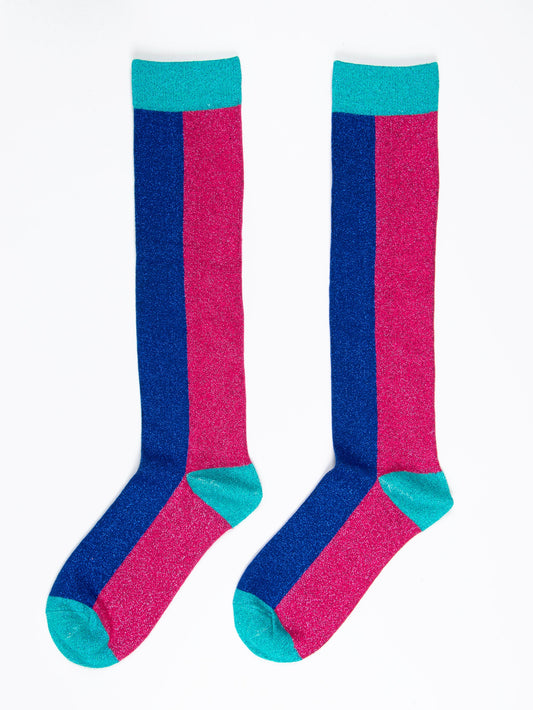 Colour Block Cotton Knee High Glitter Socks in Blue/Pink