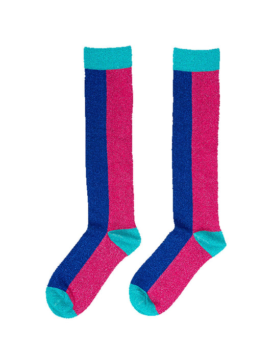 Colour Block Cotton Knee High Glitter Socks in Blue/Pink